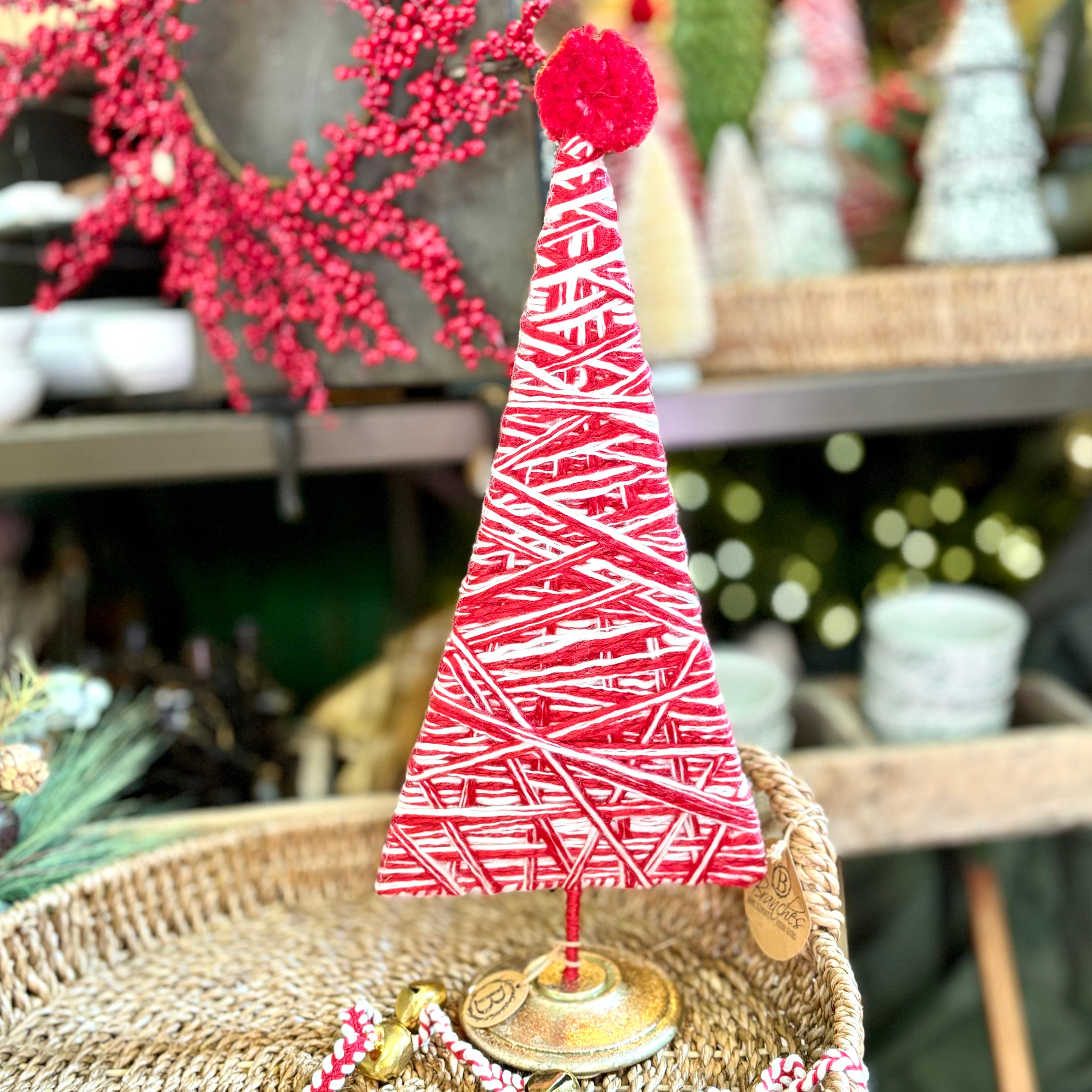 Red and White Yarn Tree Topped with Red Pom Pom Large