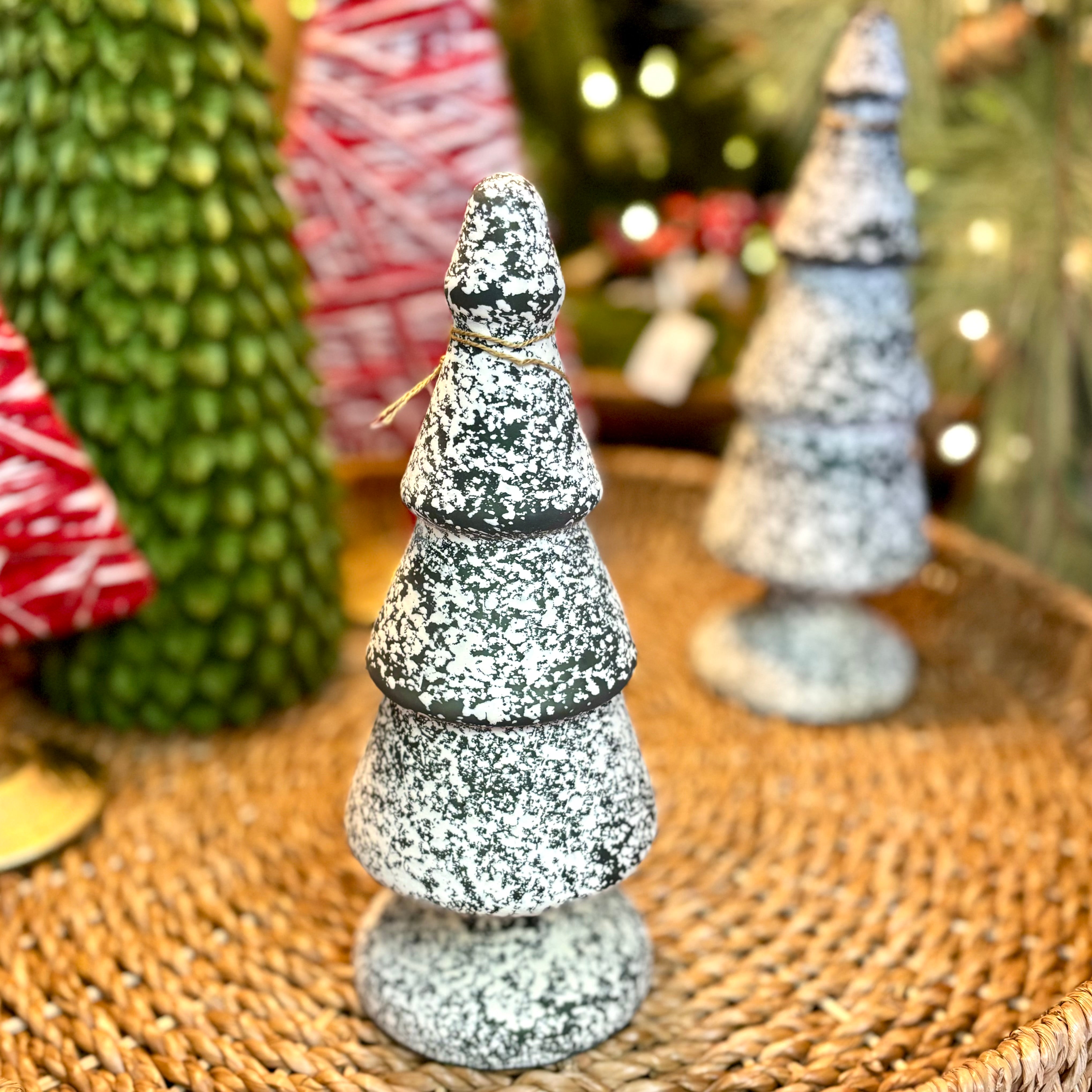 Dark Green and White Speckle Glass Tree Small