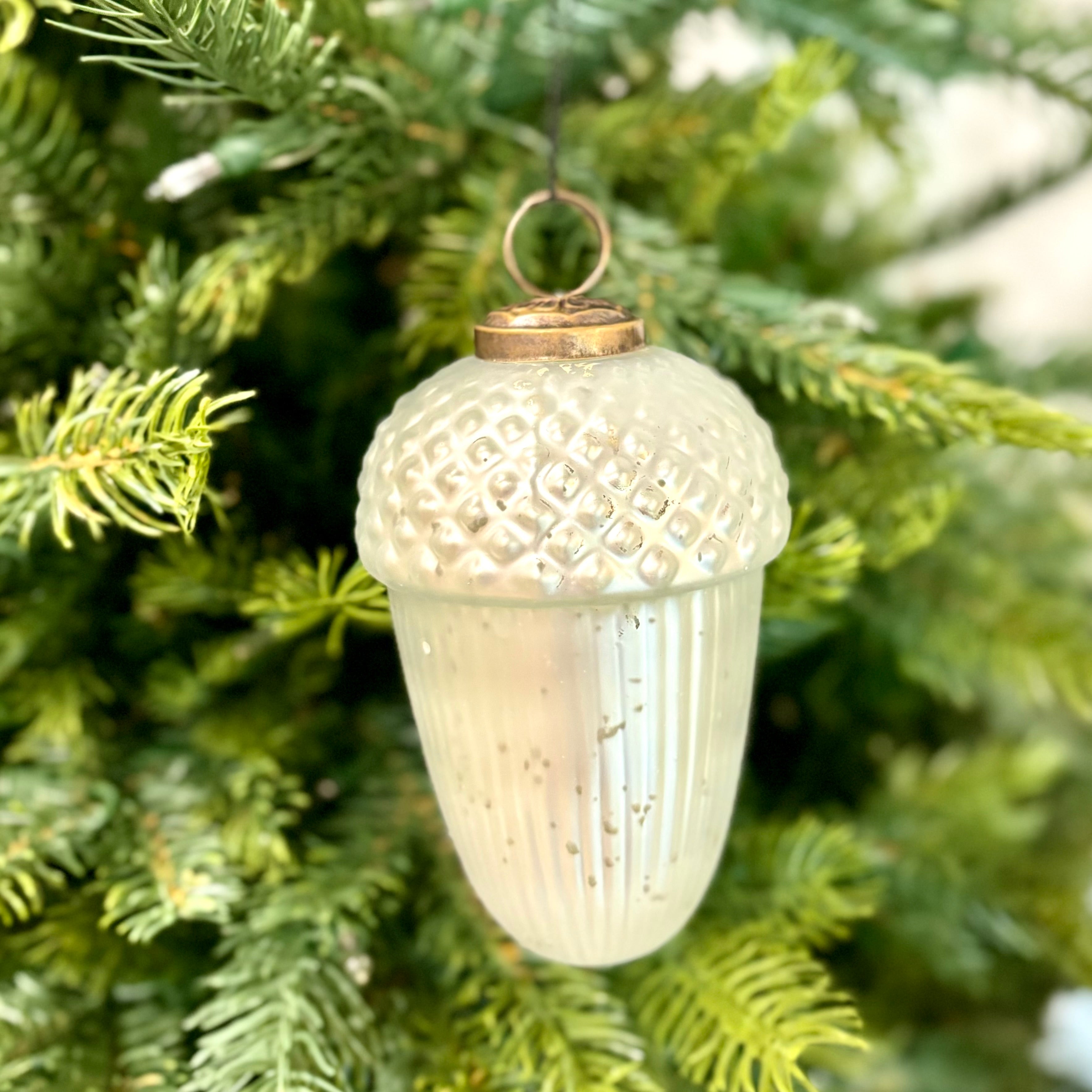 White Mercury Glass Acorn Ornament