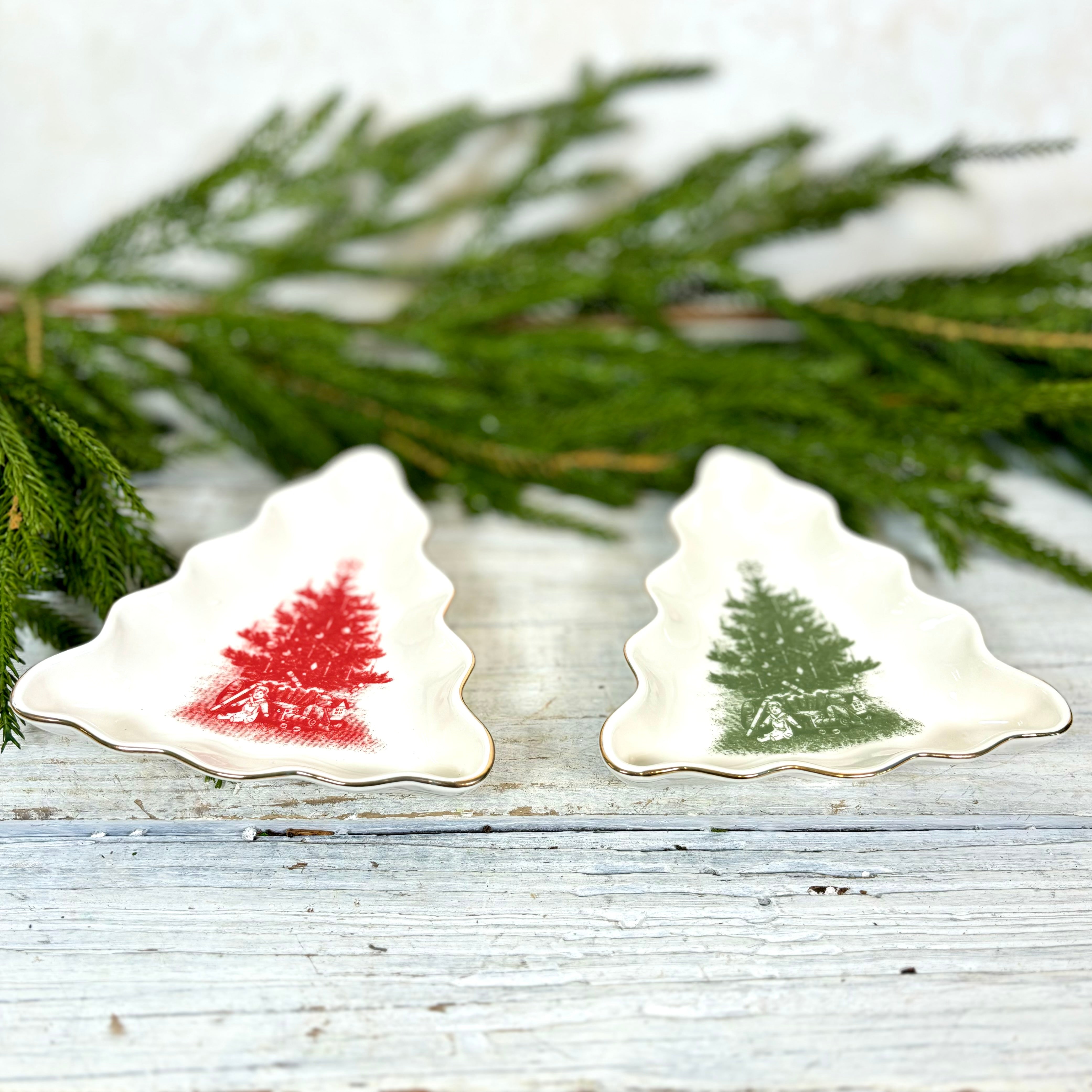 Vintage White Porcelain Tree Dish Green