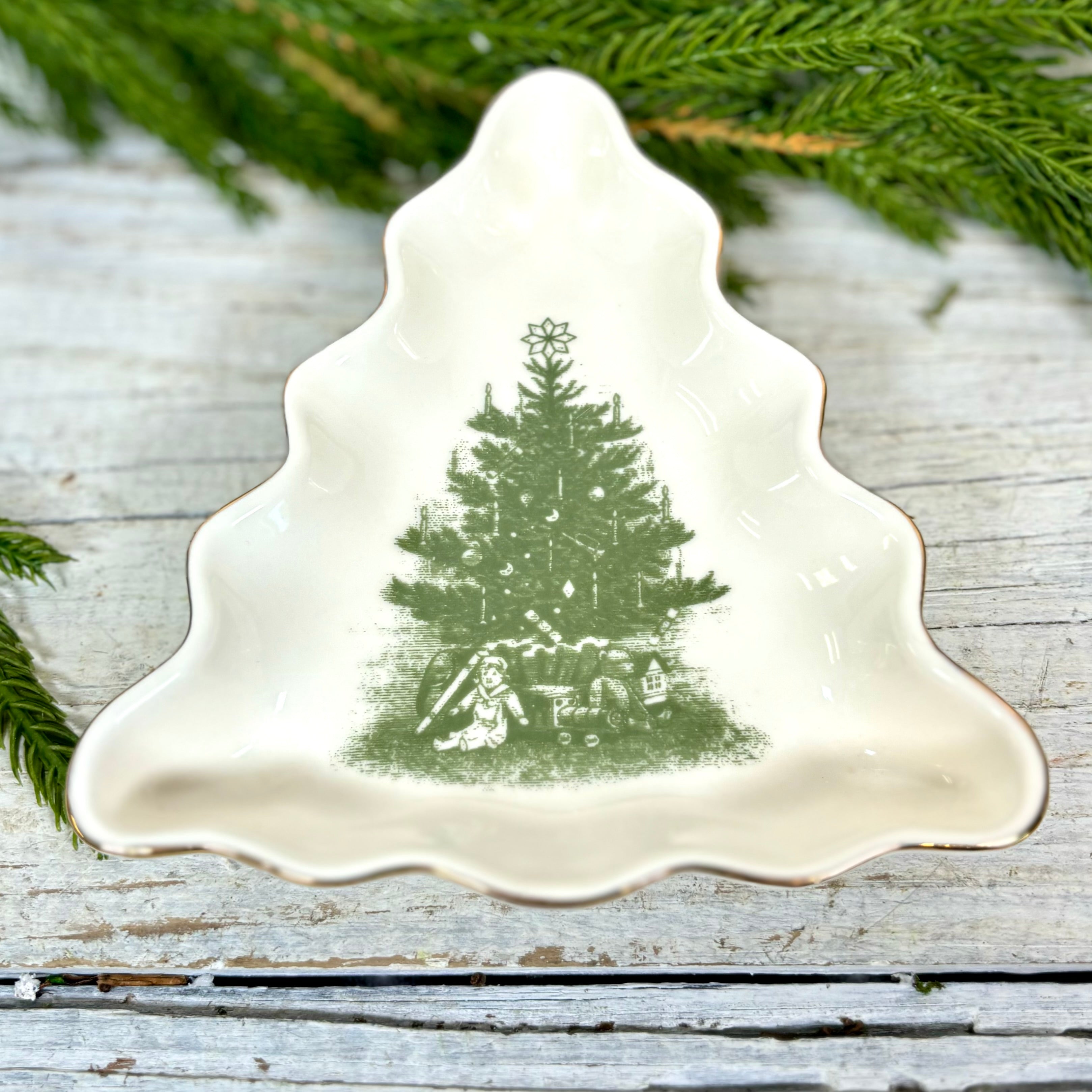 Vintage White Porcelain Tree Dish Green