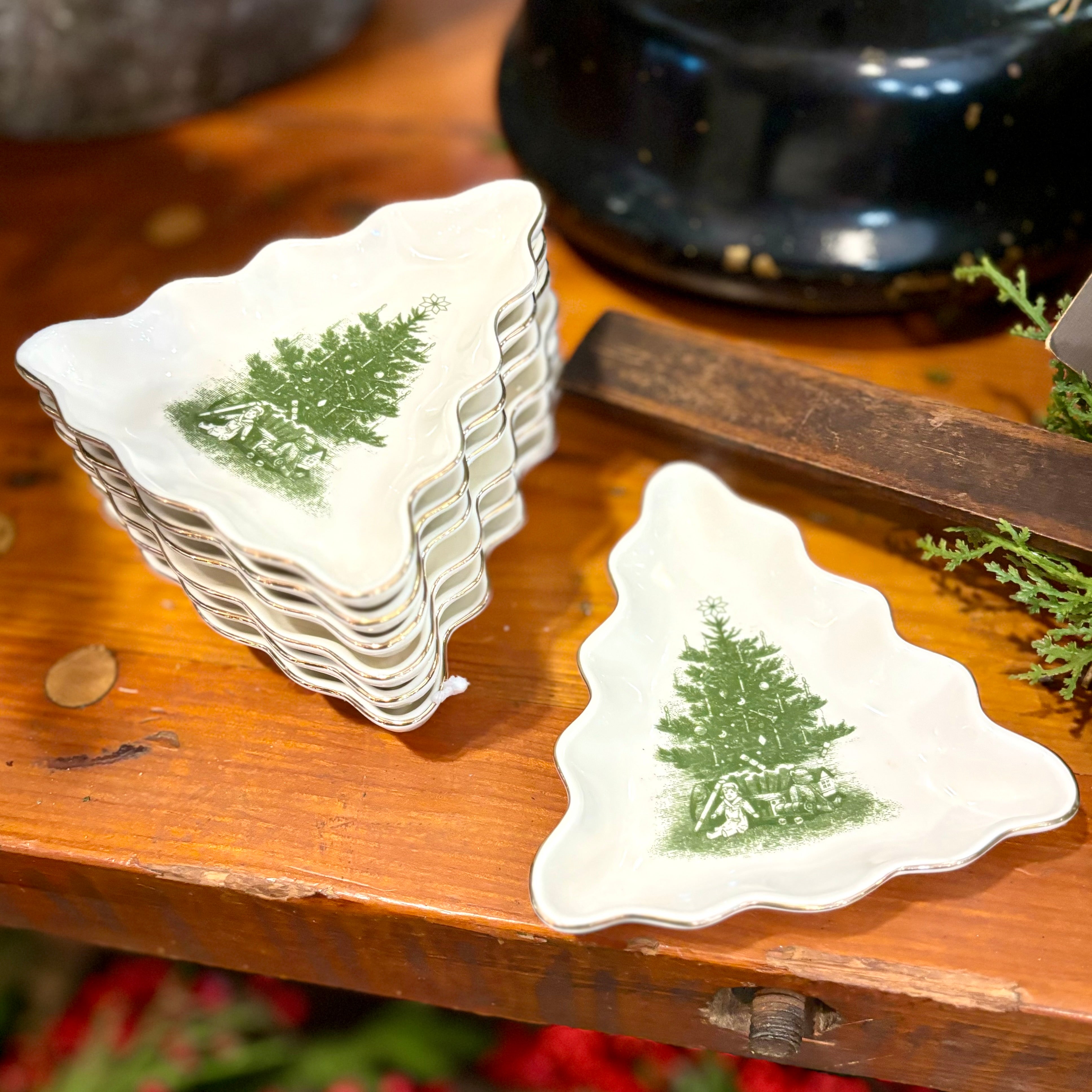 Vintage White Porcelain Tree Dish Green