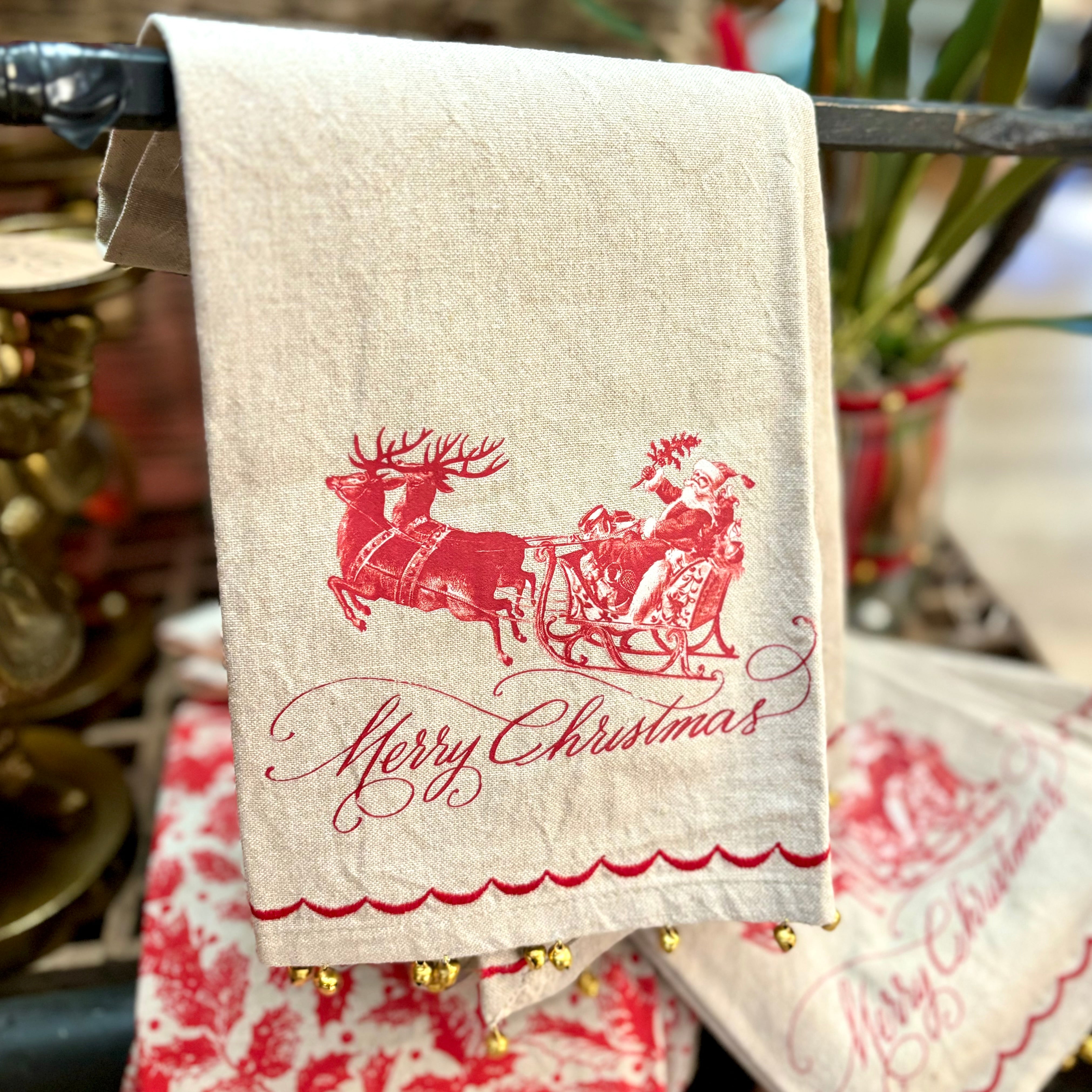 Yuletide Santa on Sleigh Towel with Brass Bells