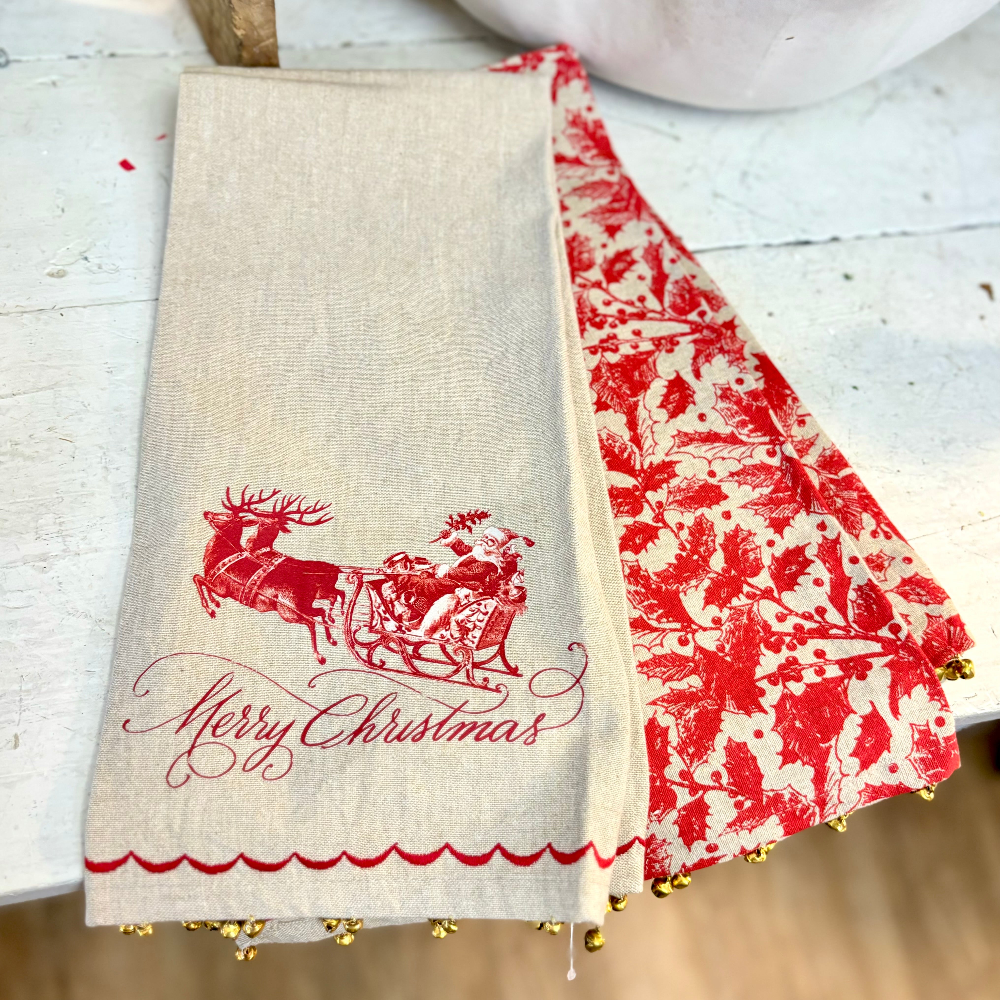Yuletide Santa on Sleigh Towel with Brass Bells