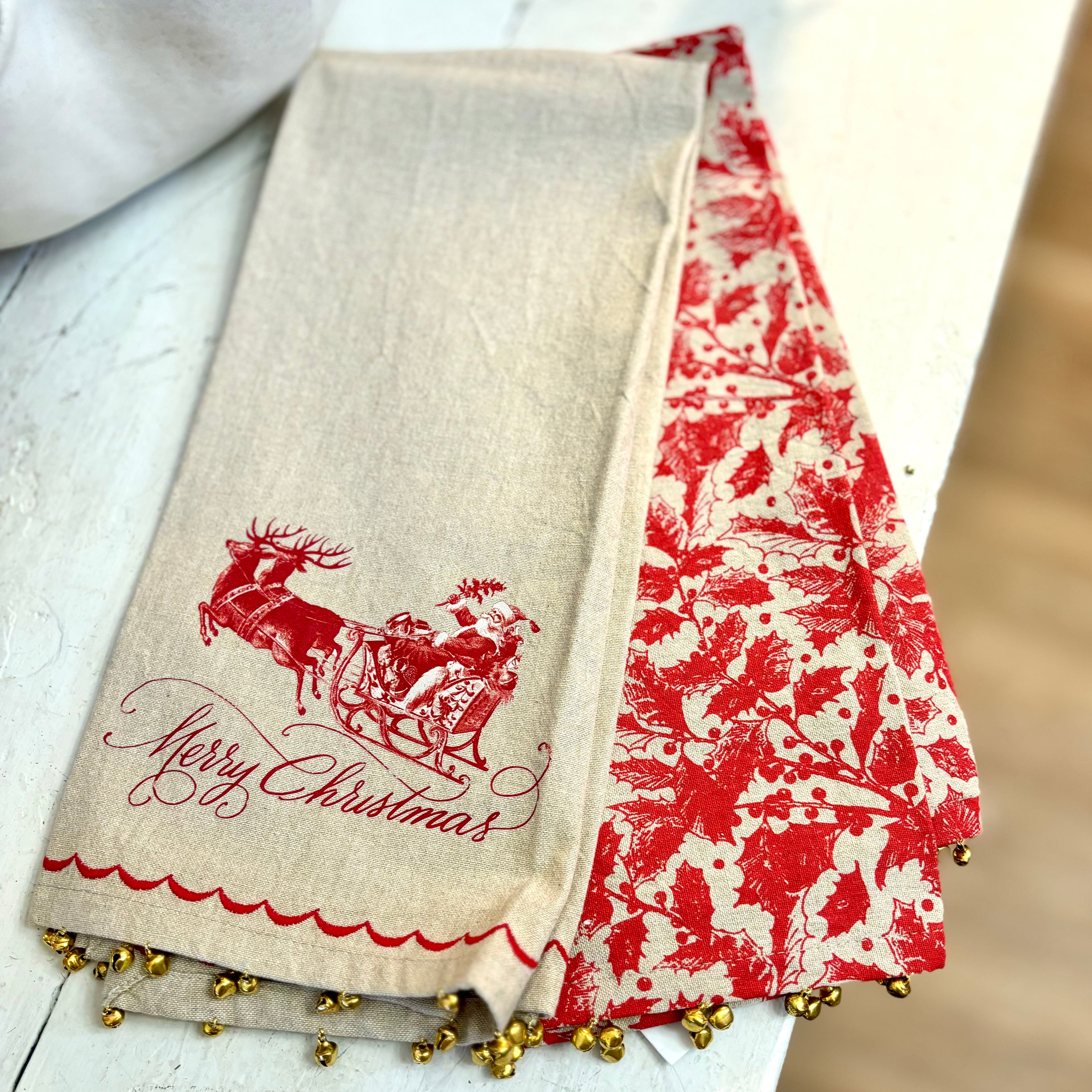Yuletide Santa on Sleigh Towel with Brass Bells