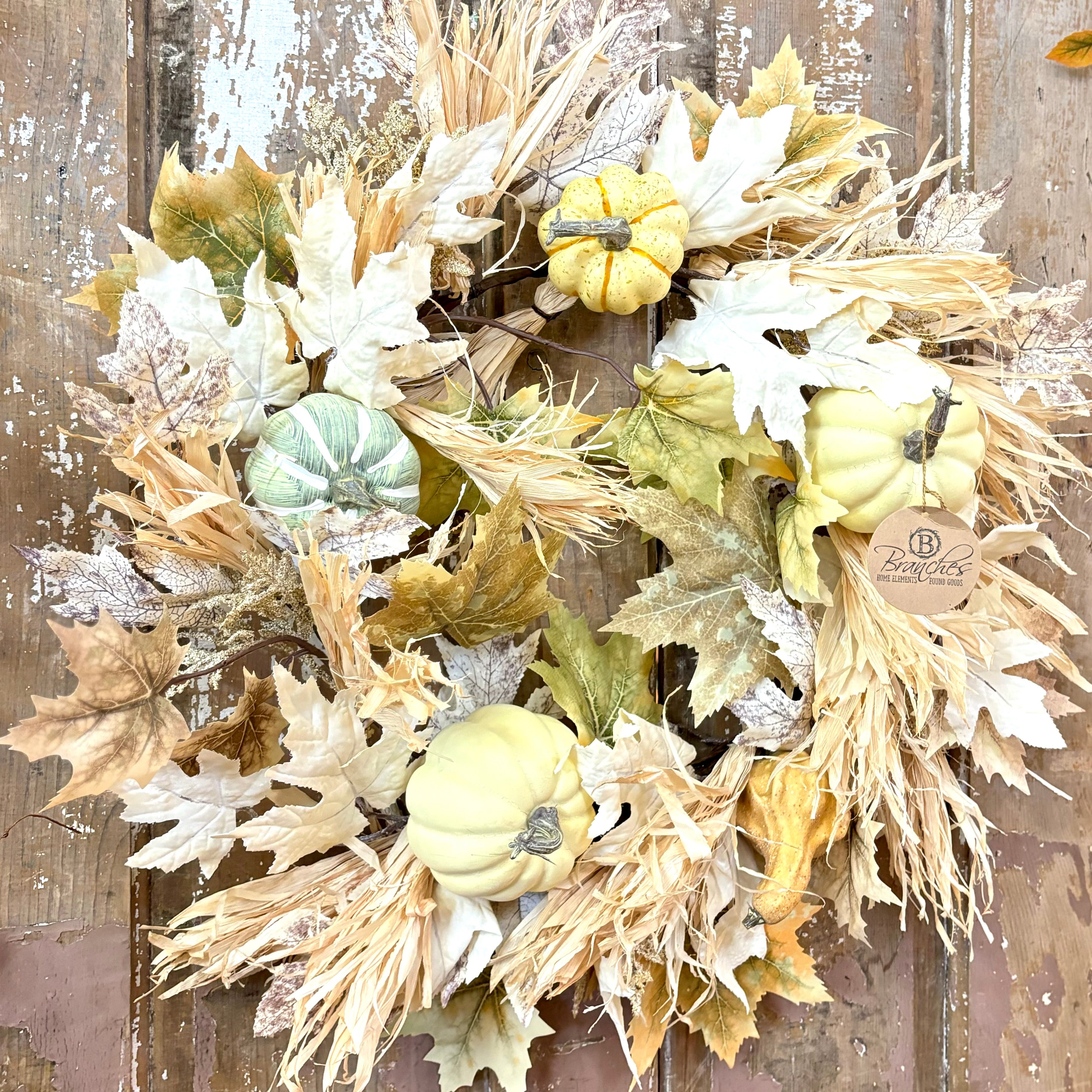 Harvest Leaf, Husk, Pumpkin, Gourd Wreath Beige Moss