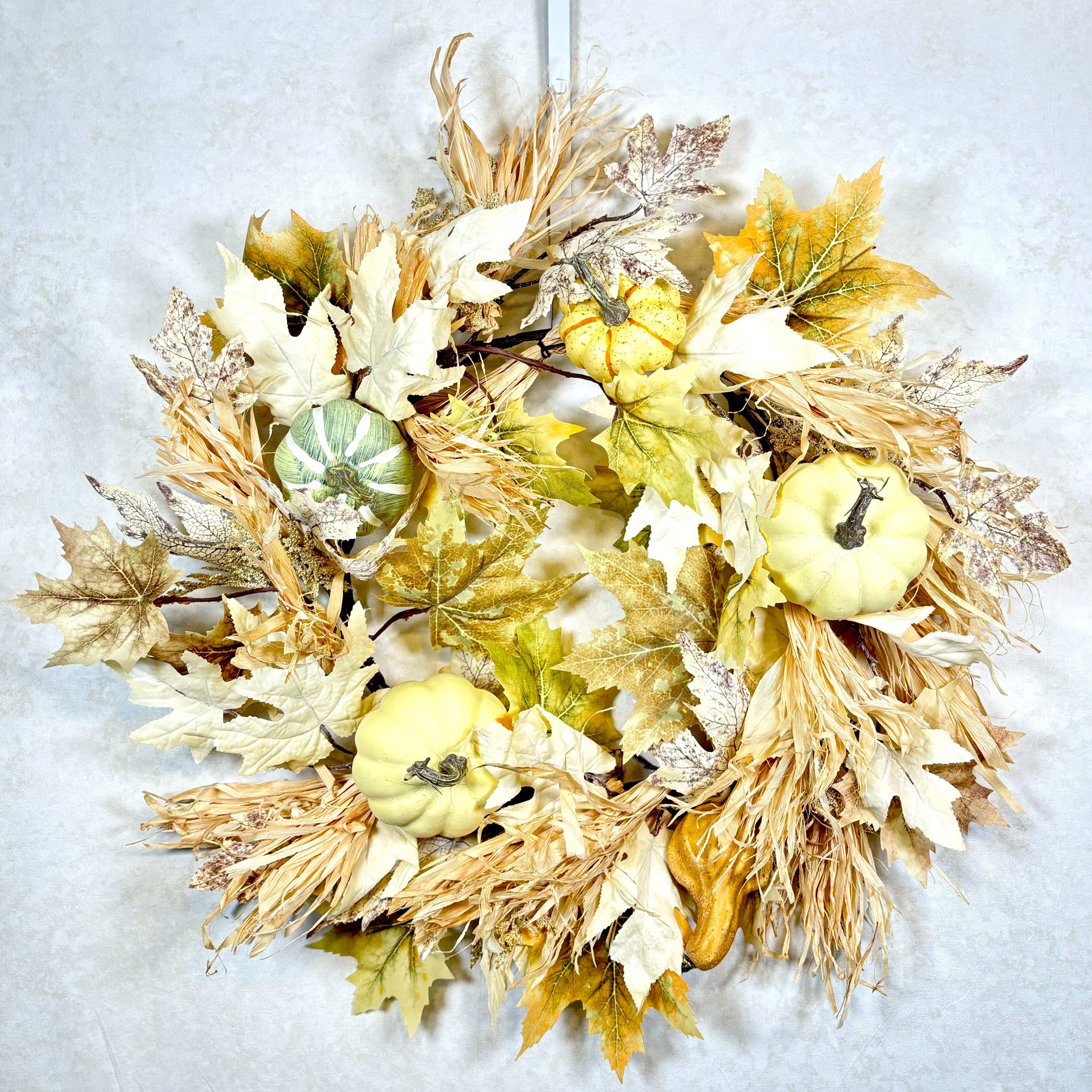 Harvest Leaf, Husk, Pumpkin, Gourd Wreath Beige Moss