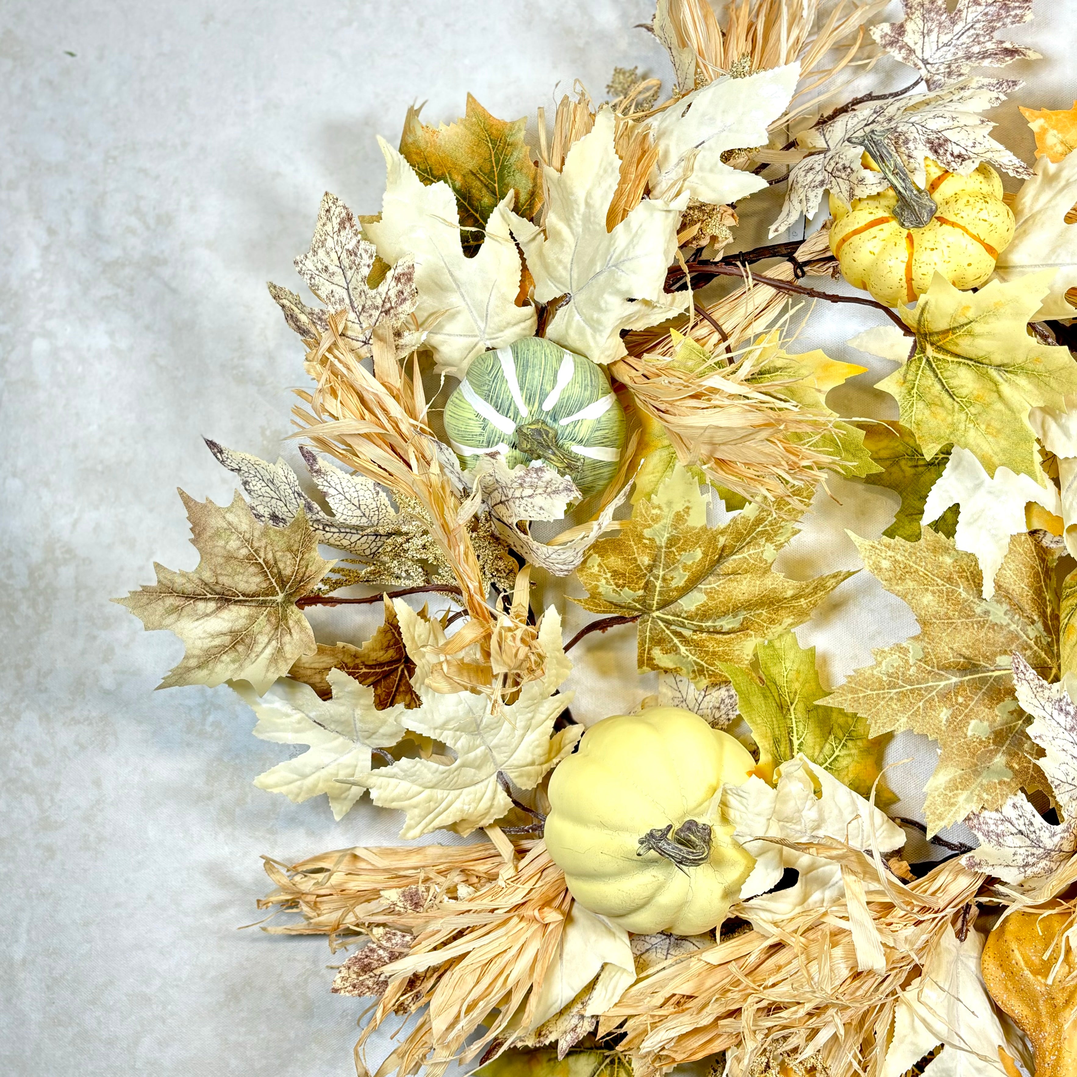 Harvest Leaf, Husk, Pumpkin, Gourd Wreath Beige Moss