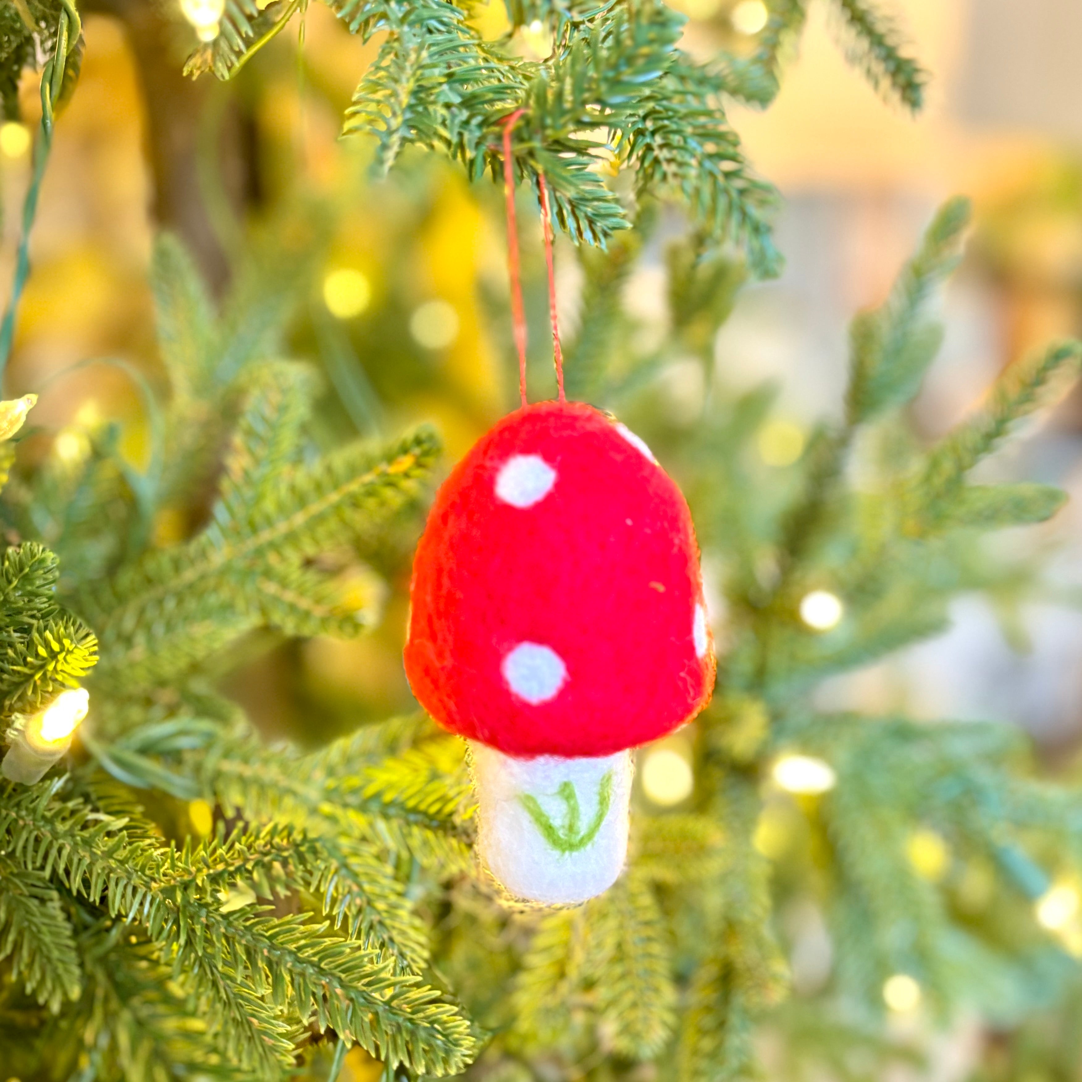 Felt Red and White Mushroom with Green Branch Ornament Large