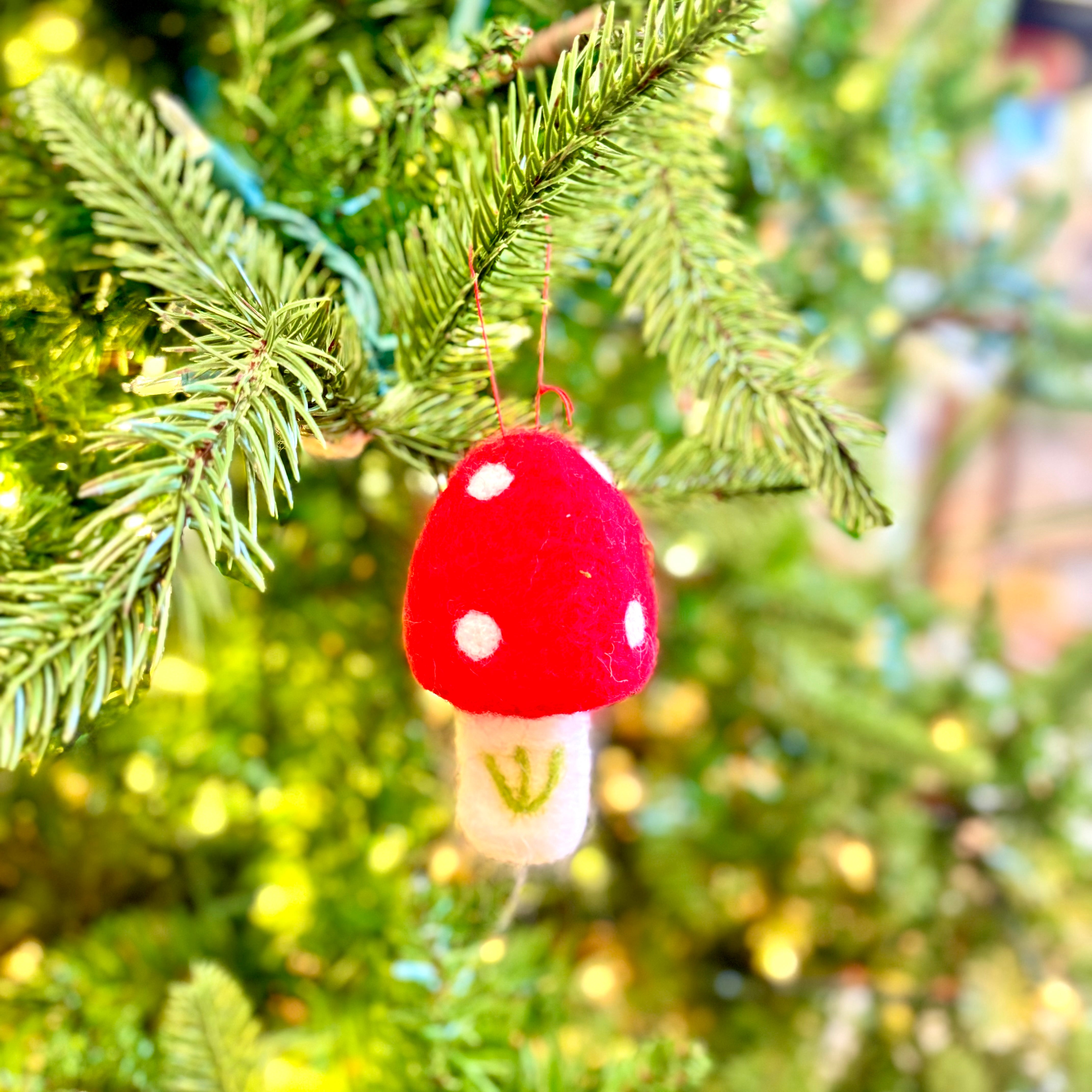 Felt Red and White Mushroom with Green Branch Ornament Large