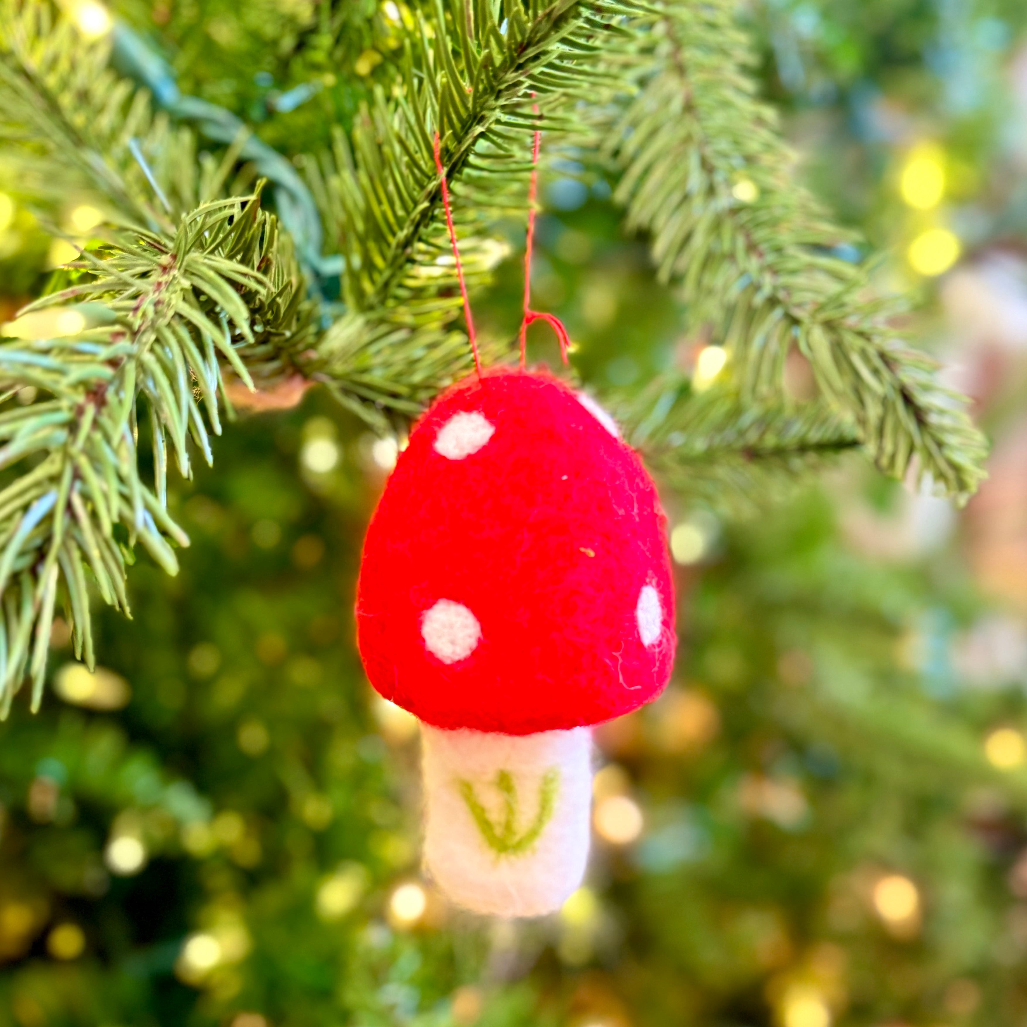 Felt Red and White Mushroom with Green Branch Ornament Large