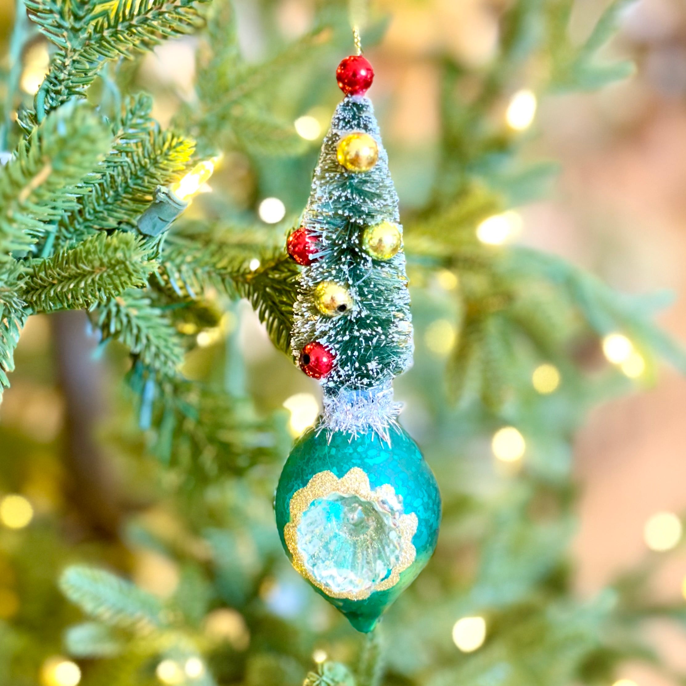 Retro Bottle Brush Tree Blue Ball Ornament