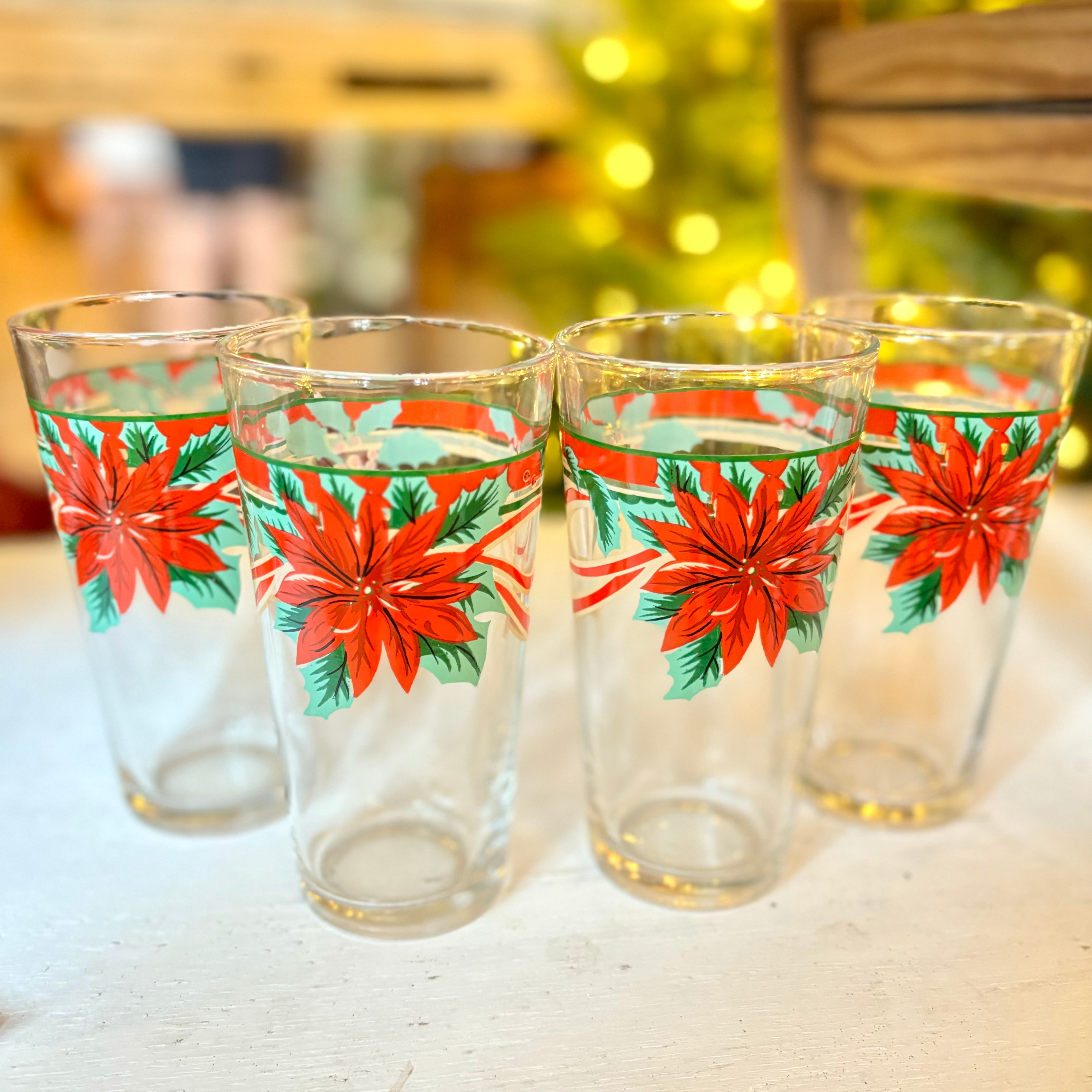 Vintage Poinsettia and Ribbon Glass Tumblers Sets of Four