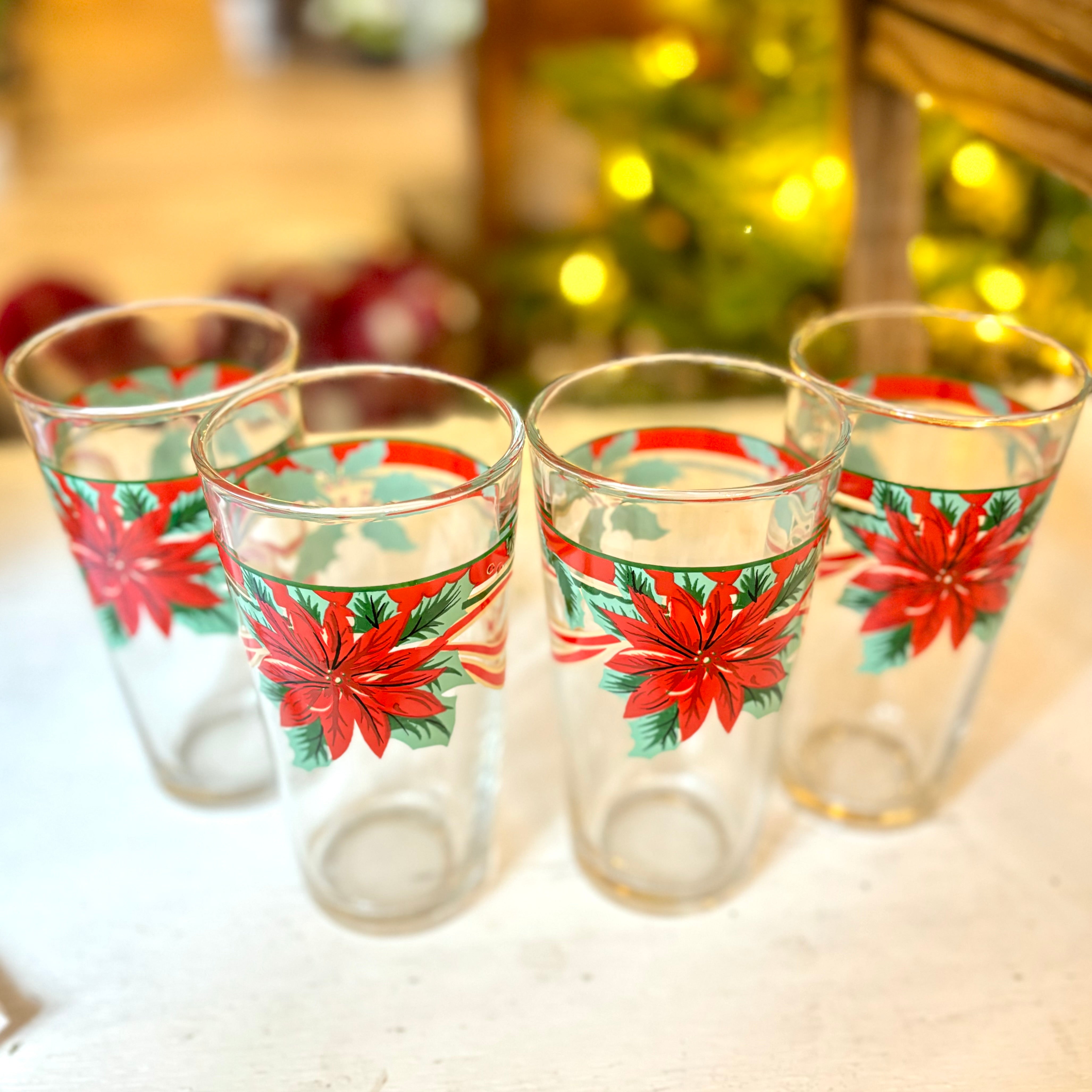 Vintage Poinsettia and Ribbon Glass Tumblers Sets of Four