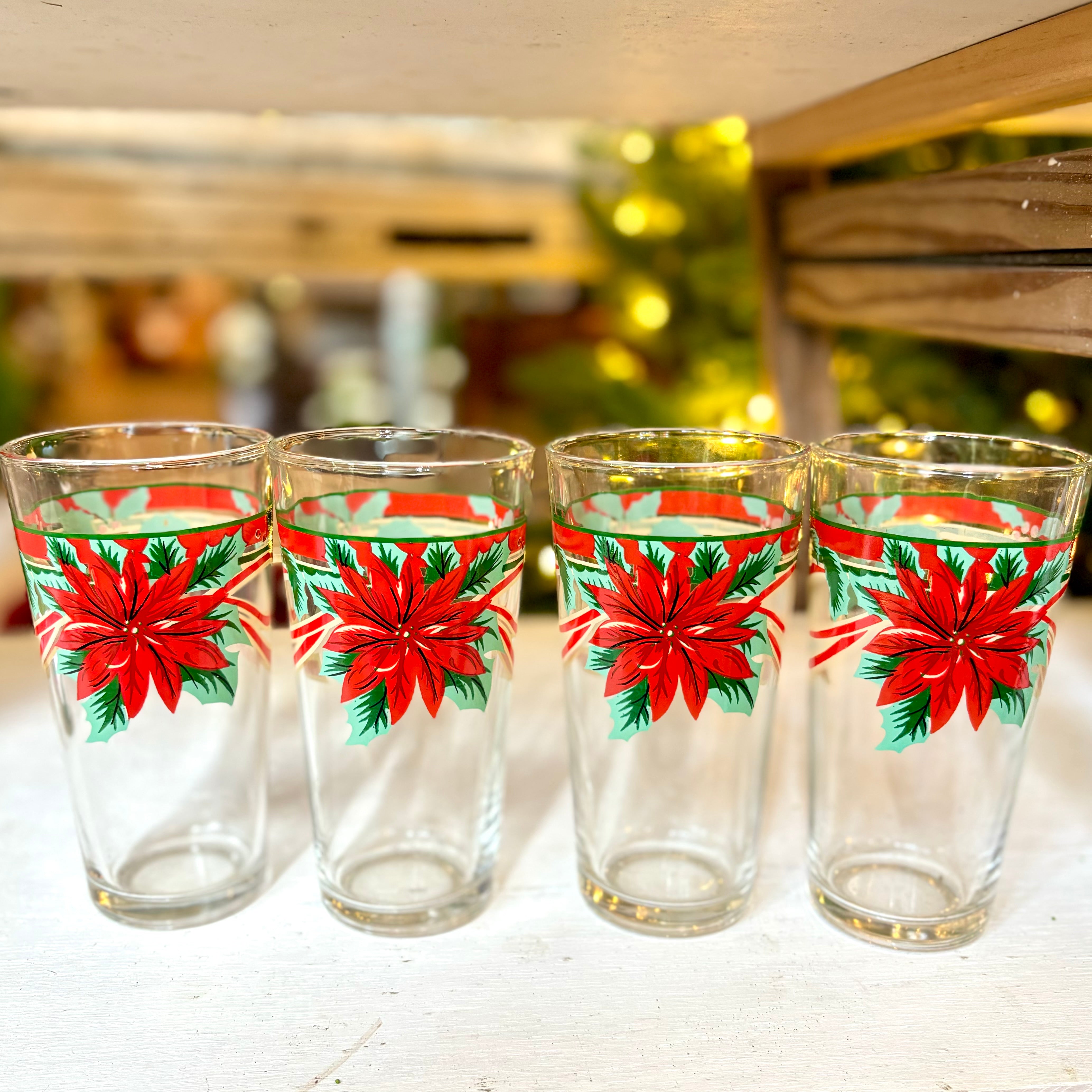 Vintage Poinsettia and Ribbon Glass Tumblers Sets of Four