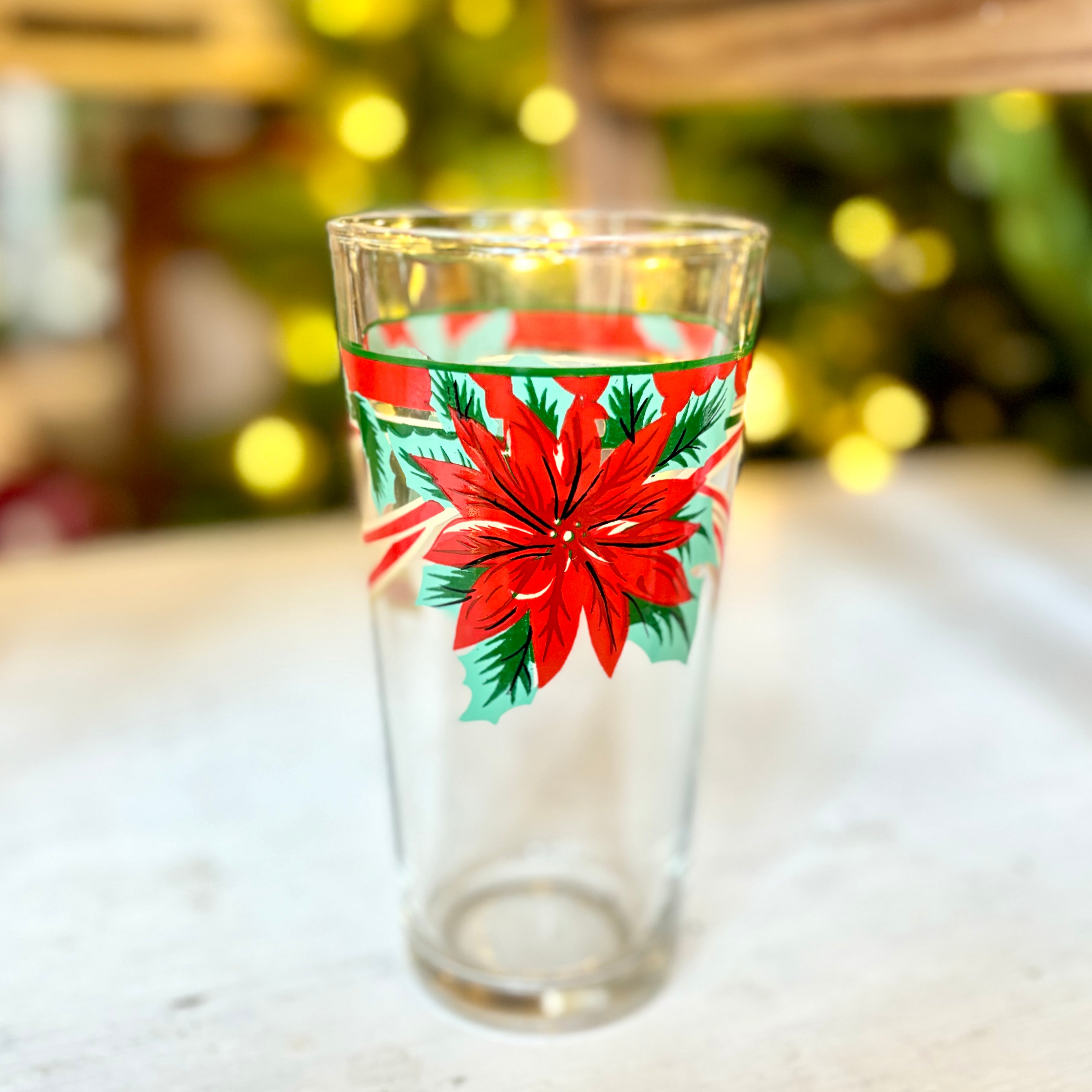 Vintage Poinsettia and Ribbon Glass Tumblers Sets of Four