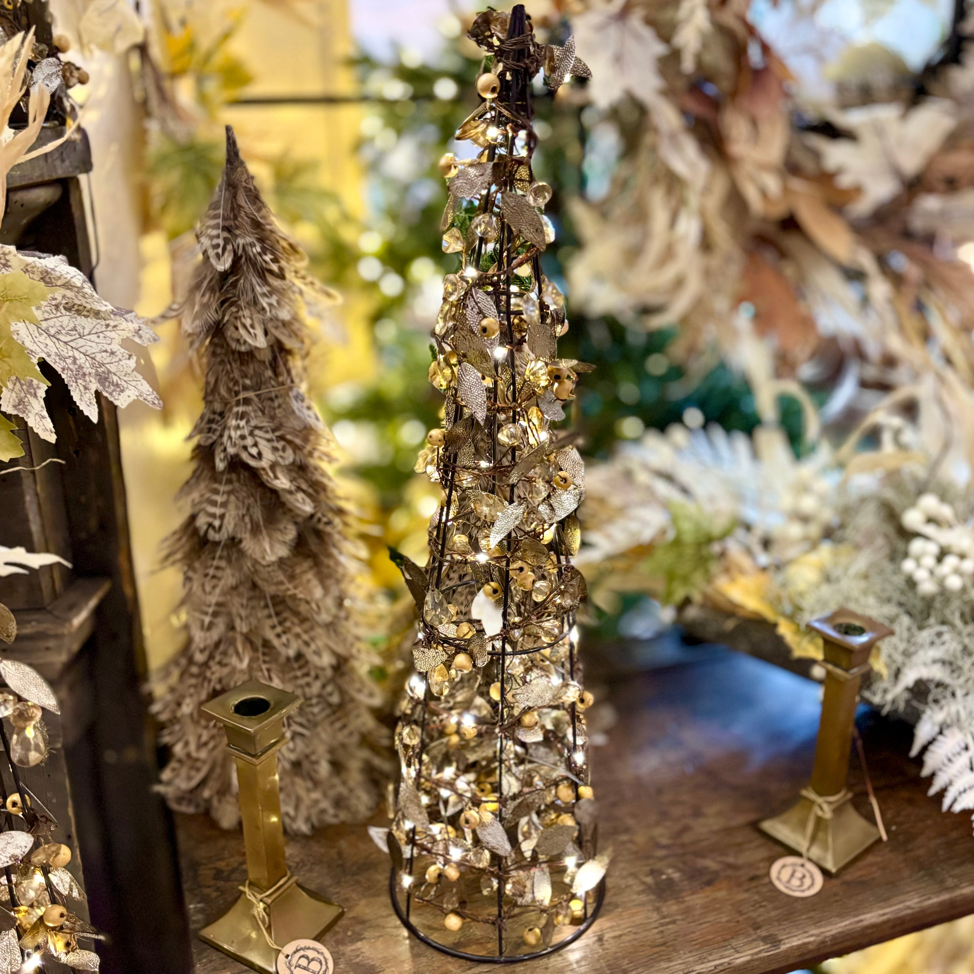 Metallic Leaf Bead Cone Topiary with Lights