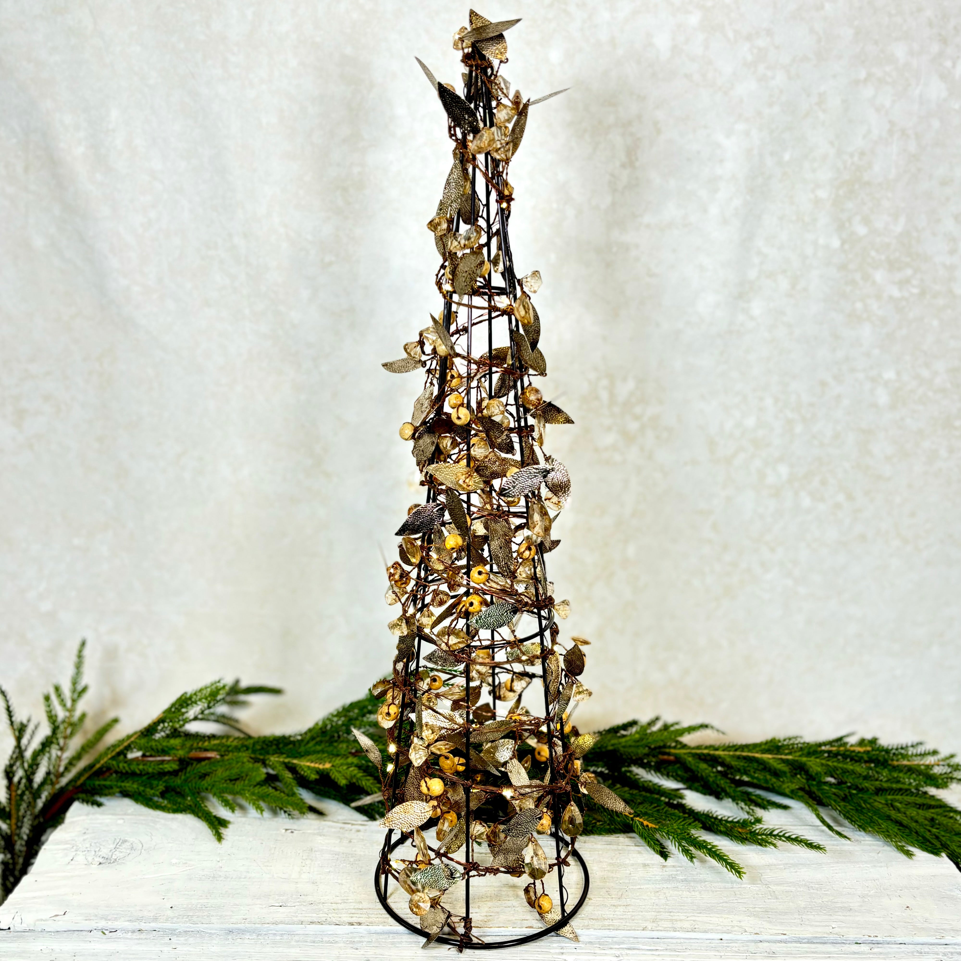 Metallic Leaf Bead Cone Topiary with Lights