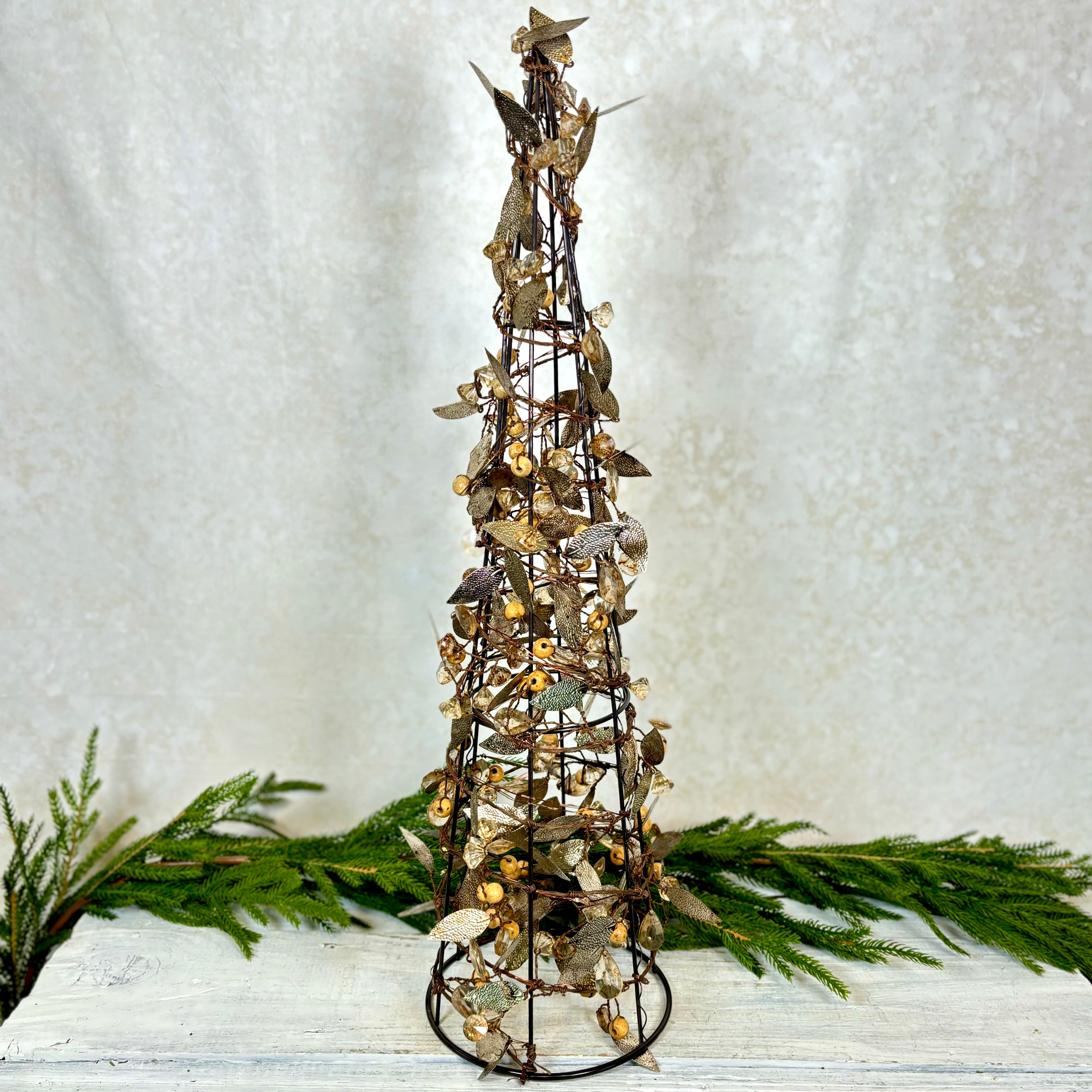 Metallic Leaf Bead Cone Topiary with Lights