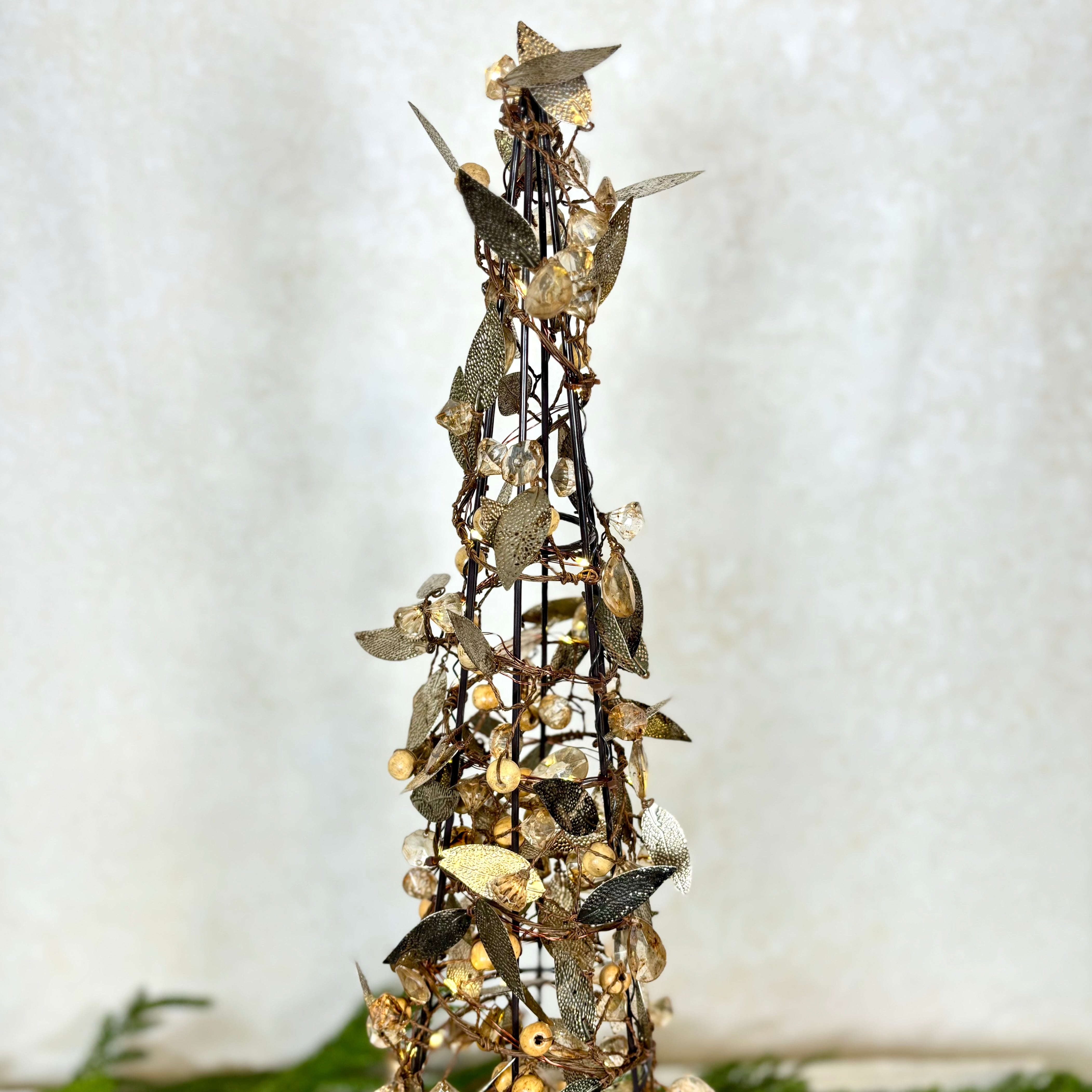 Metallic Leaf Bead Cone Topiary with Lights