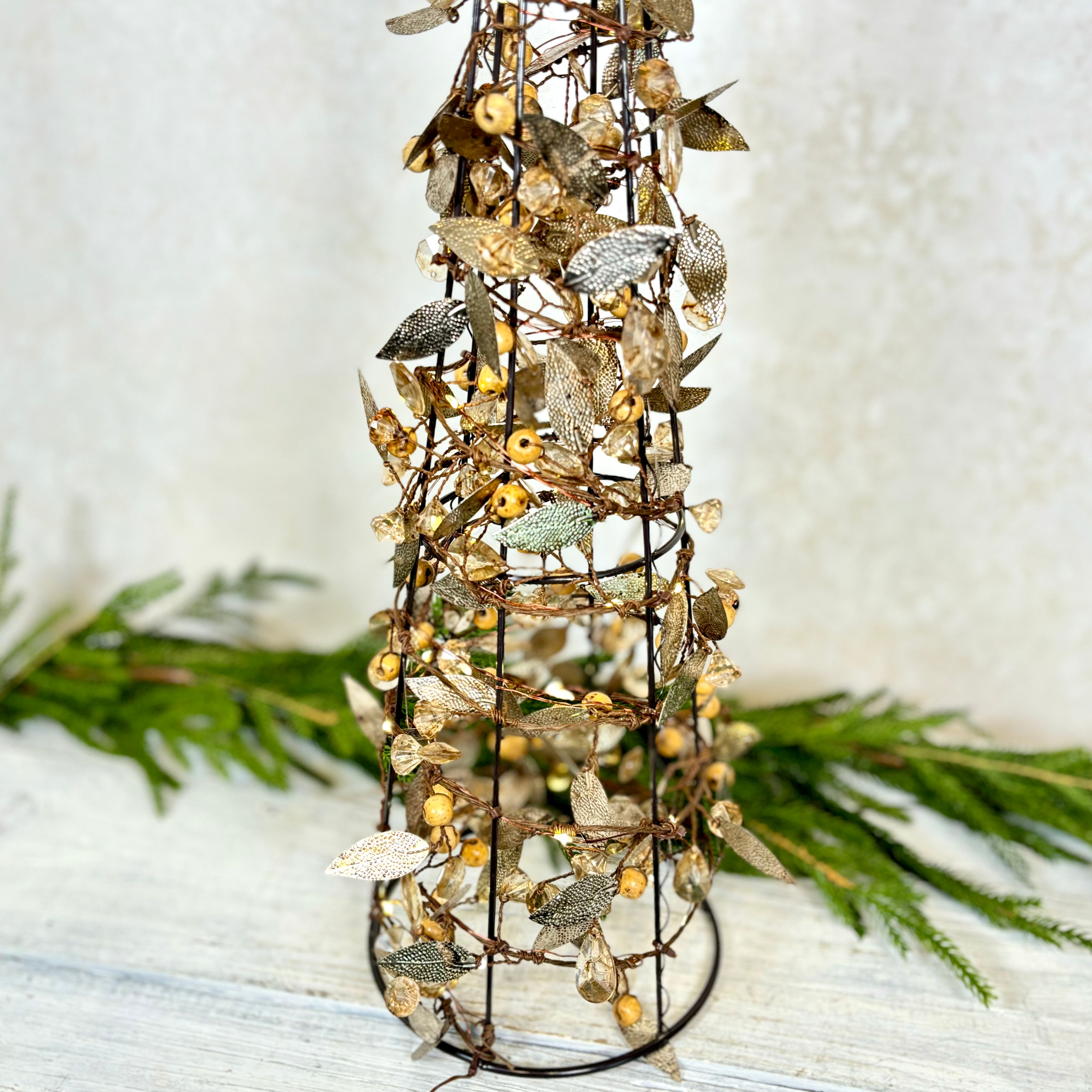 Metallic Leaf Bead Cone Topiary with Lights