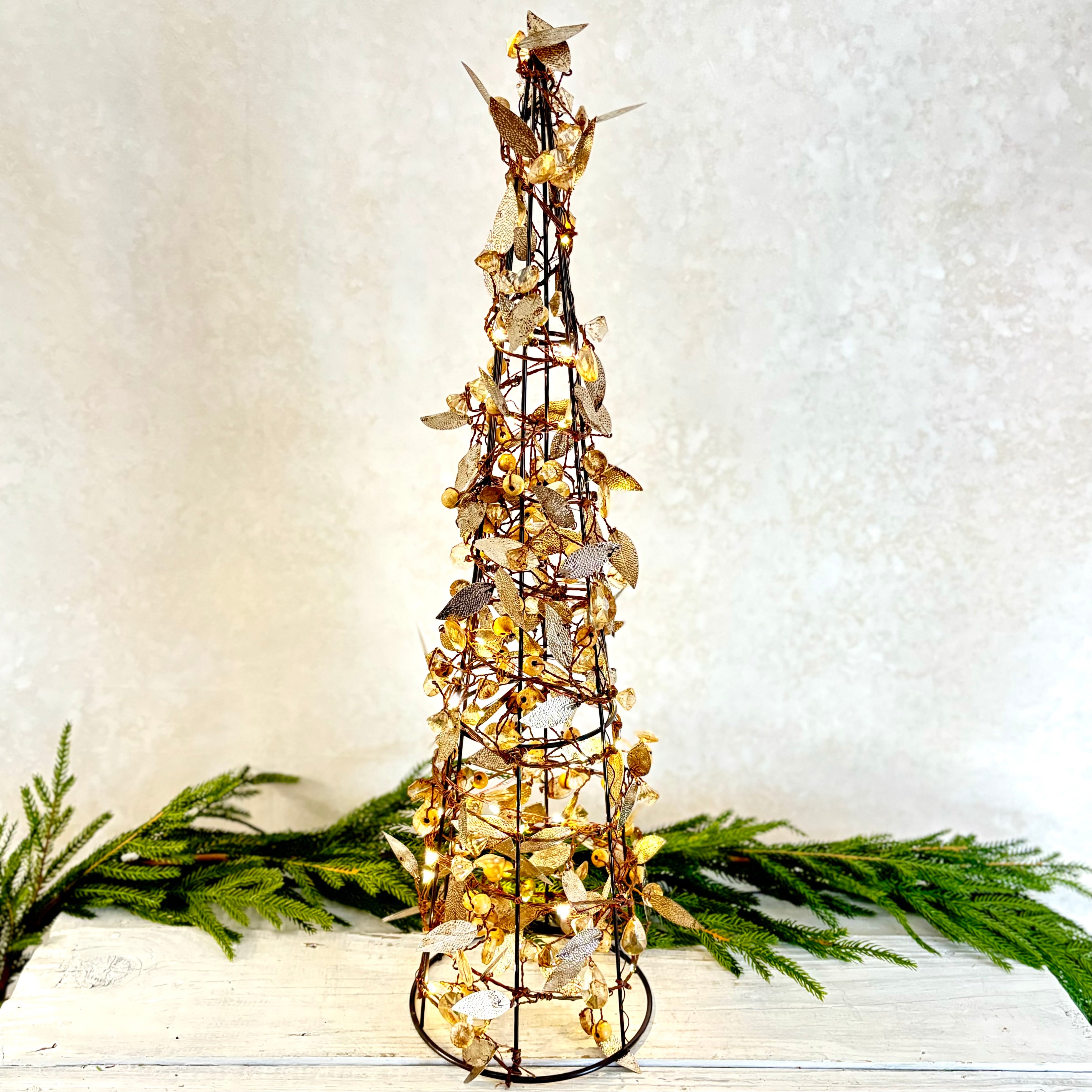 Metallic Leaf Bead Cone Topiary with Lights