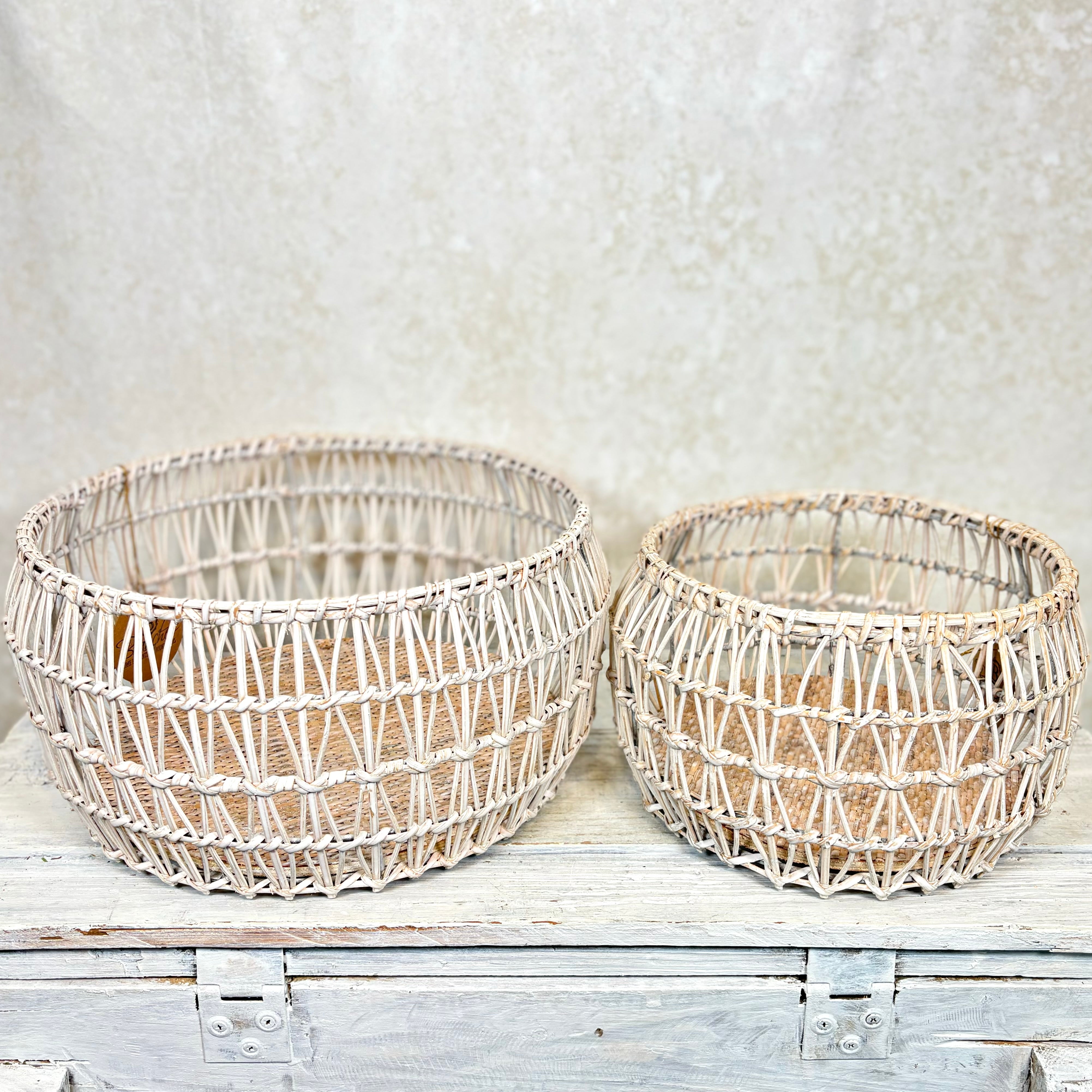 White Rattan Round Nesting Basket Small