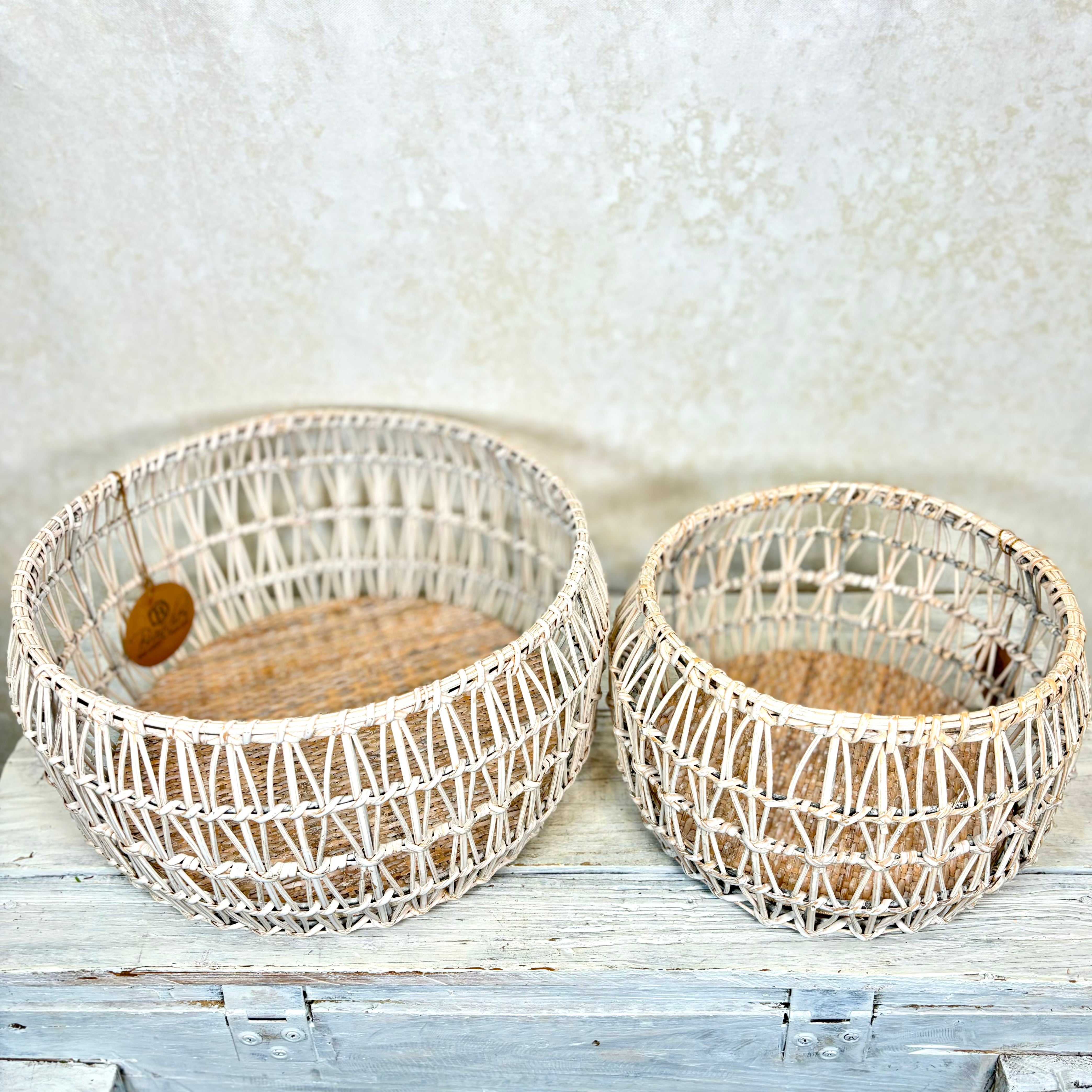 White Rattan Round Nesting Basket Small