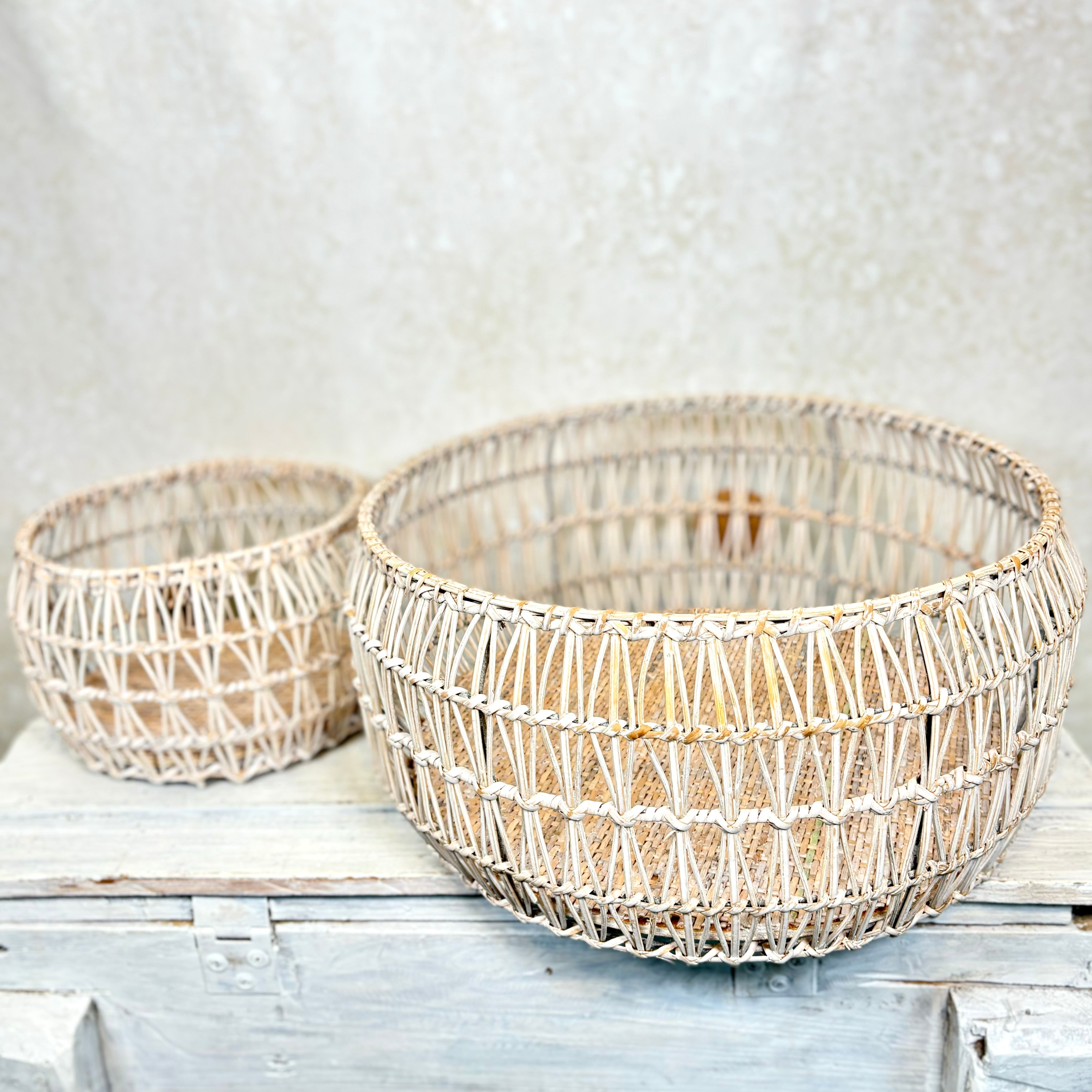 White Rattan Round Nesting Basket Large