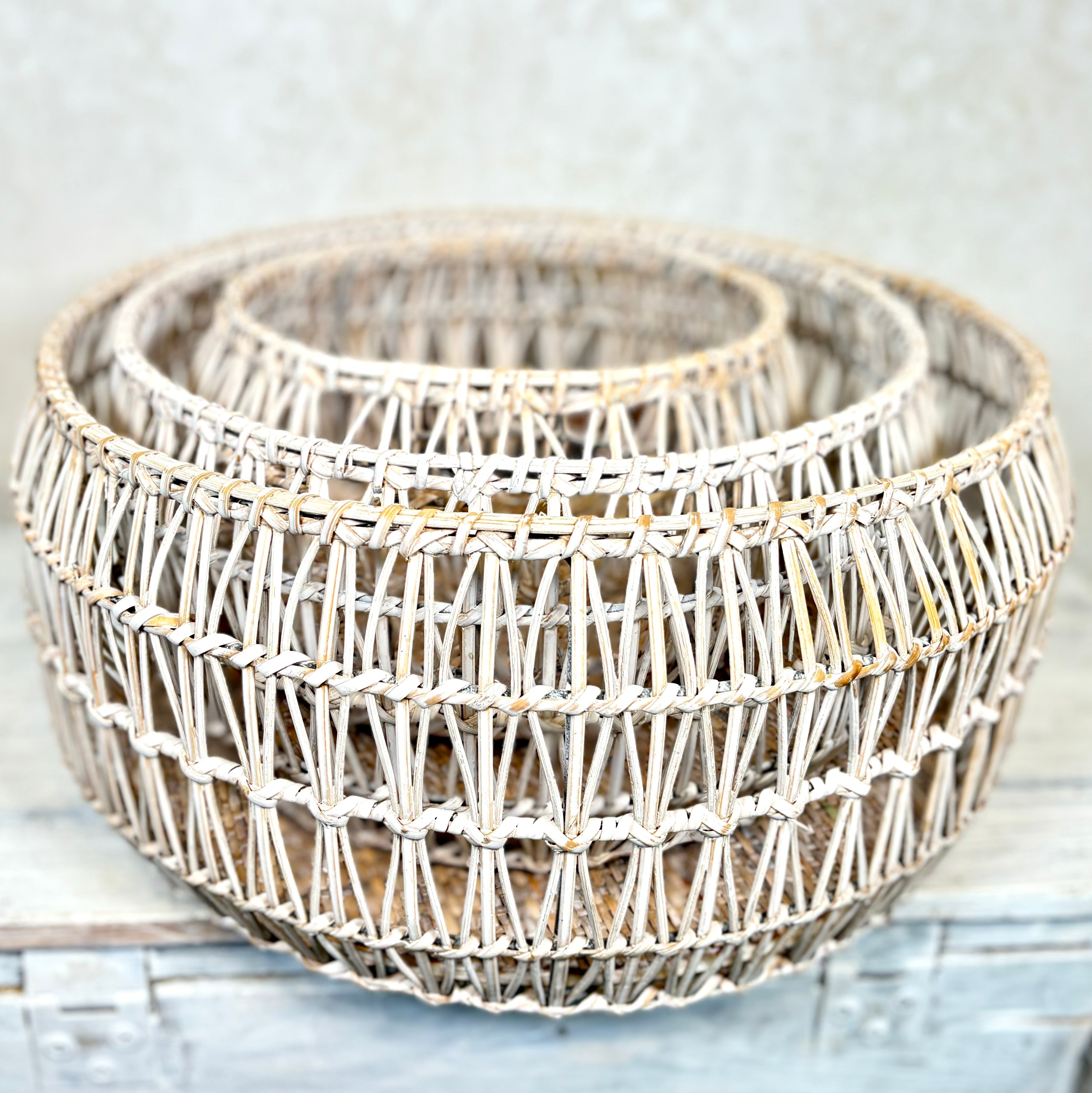 White Rattan Round Nesting Basket Large