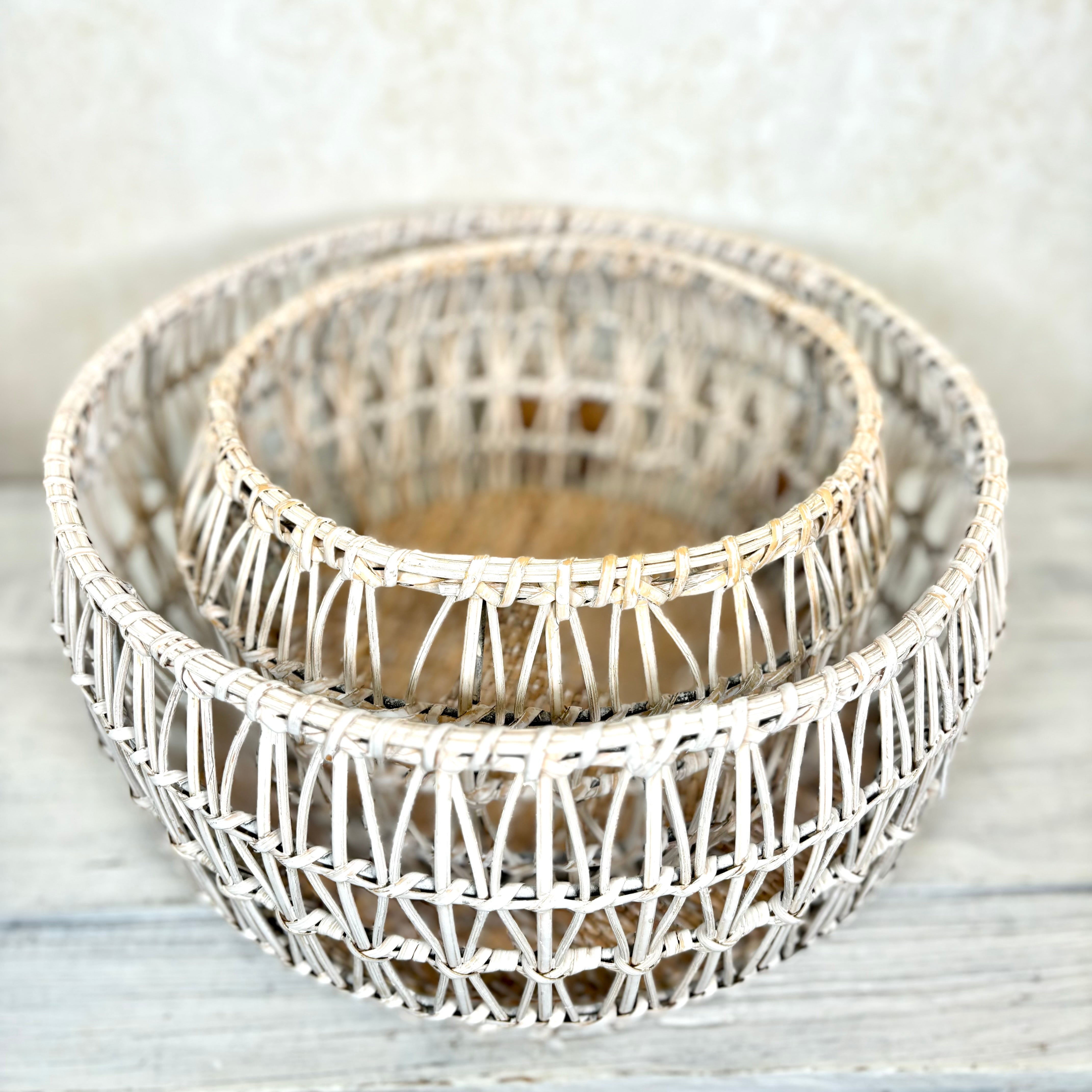 White Rattan Round Nesting Basket Small