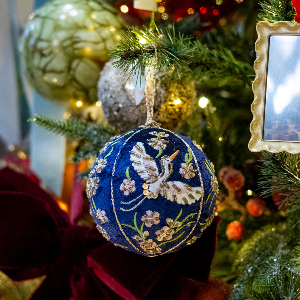 Blue Velvet Beaded Crane Floral Ball Ornament