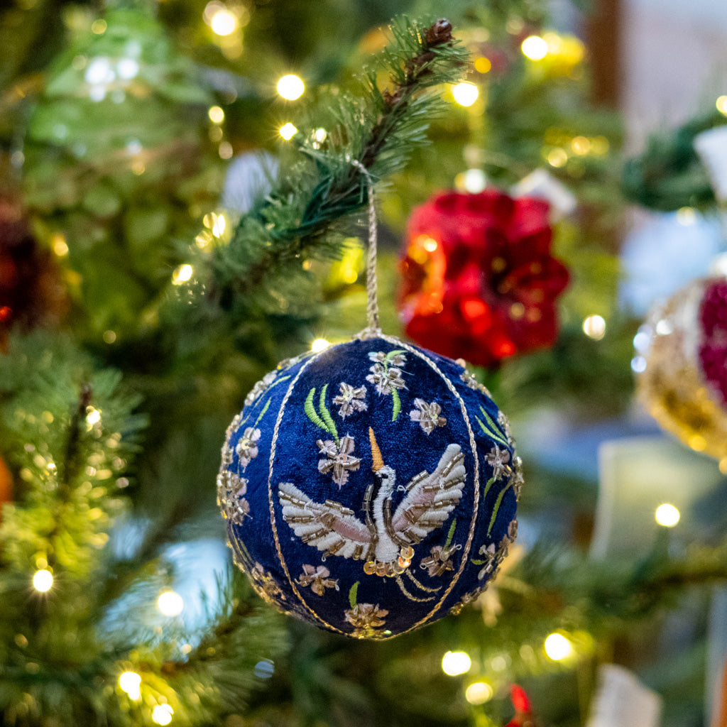 Blue Velvet Beaded Crane Floral Ball Ornament