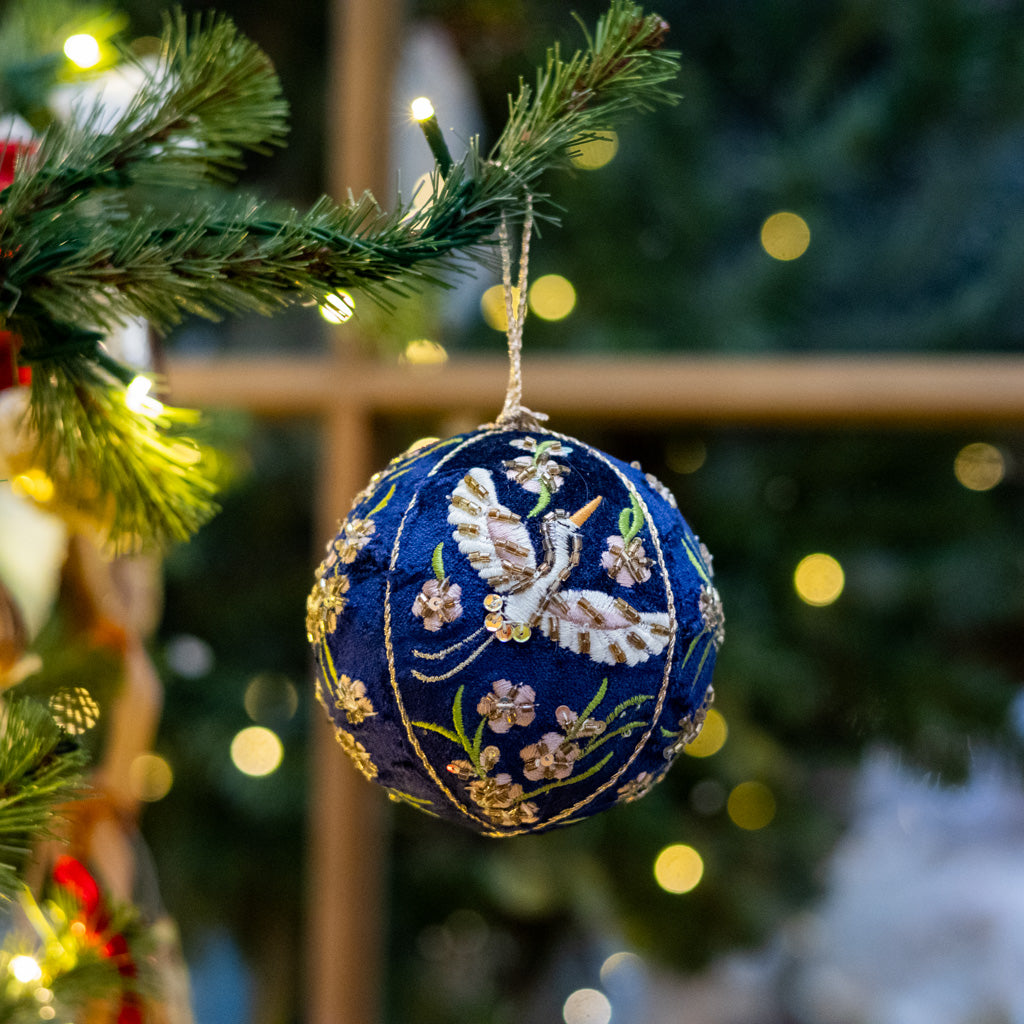 Blue Velvet Beaded Crane Floral Ball Ornament