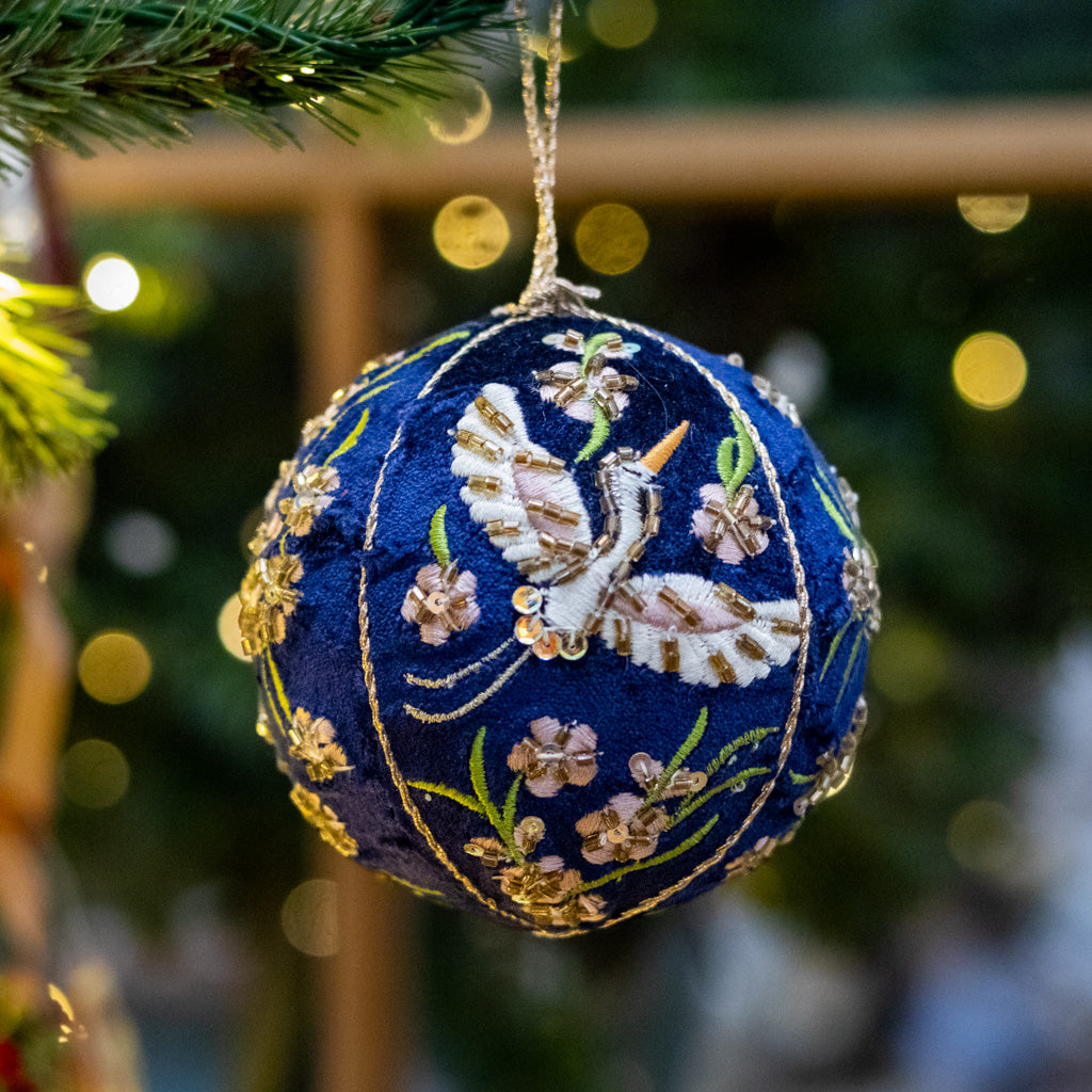 Blue Velvet Beaded Crane Floral Ball Ornament