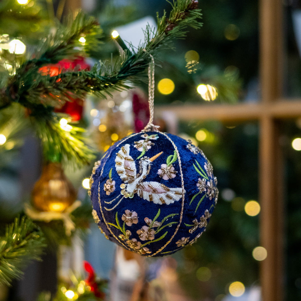 Blue Velvet Beaded Crane Floral Ball Ornament