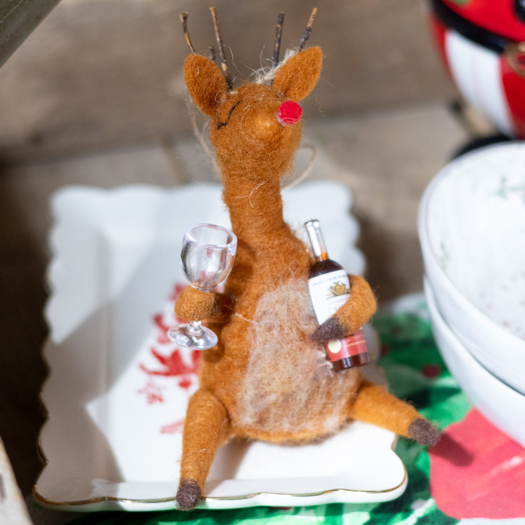 Felt Reindeer with Red Wine and Glass