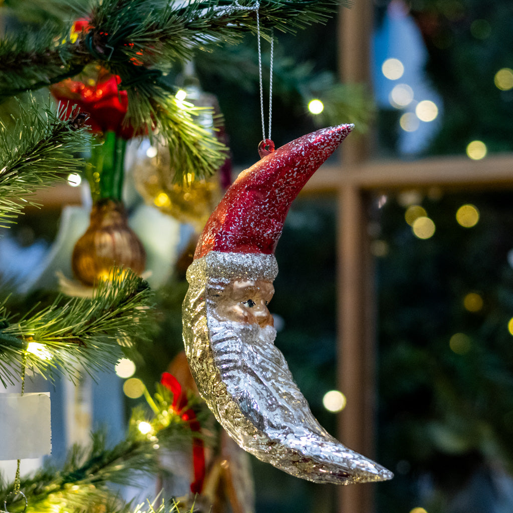 Mercury Glass Santa Moon Ornament with Glitter