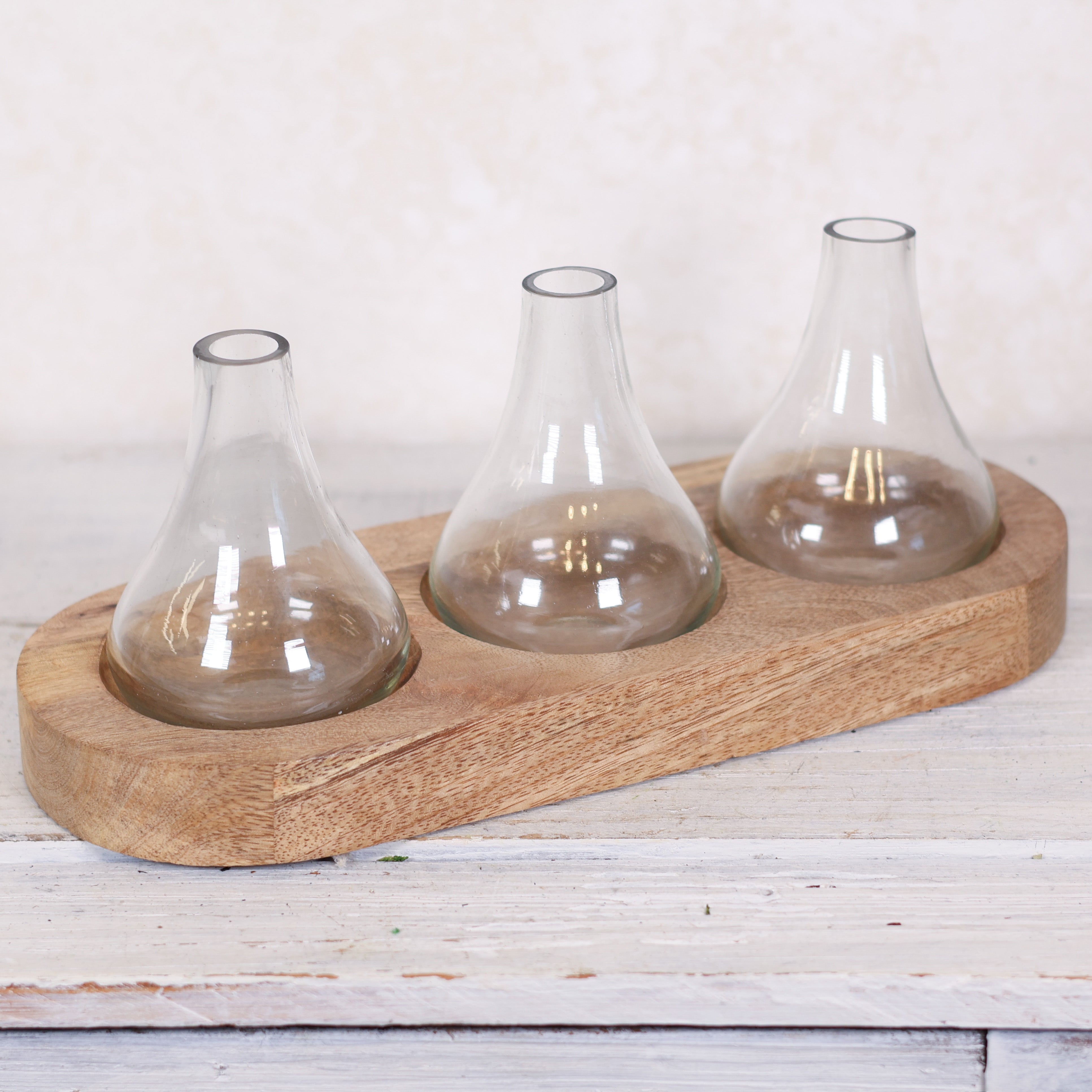 Three Bud Vases on Wood Tray