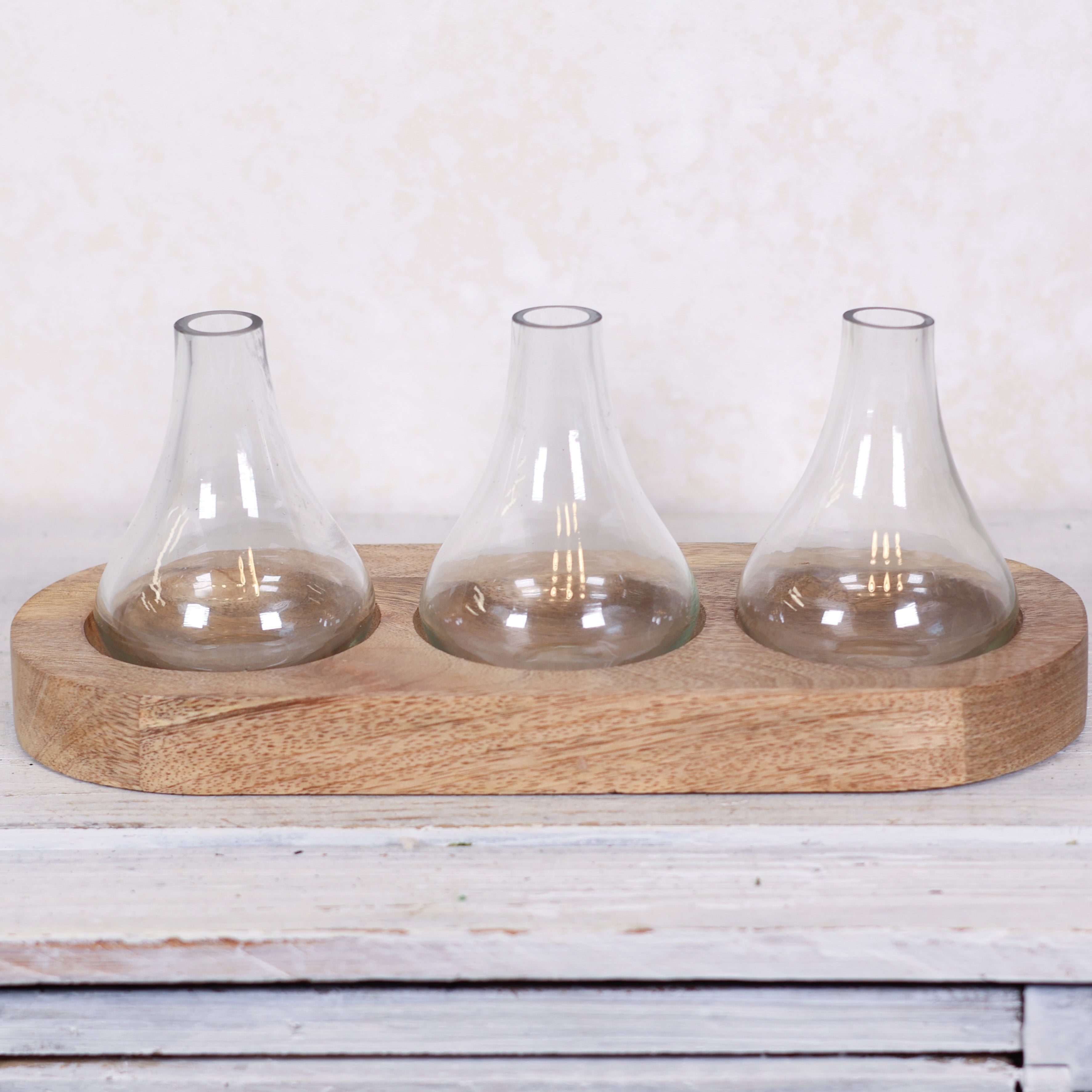 Three Bud Vases on Wood Tray