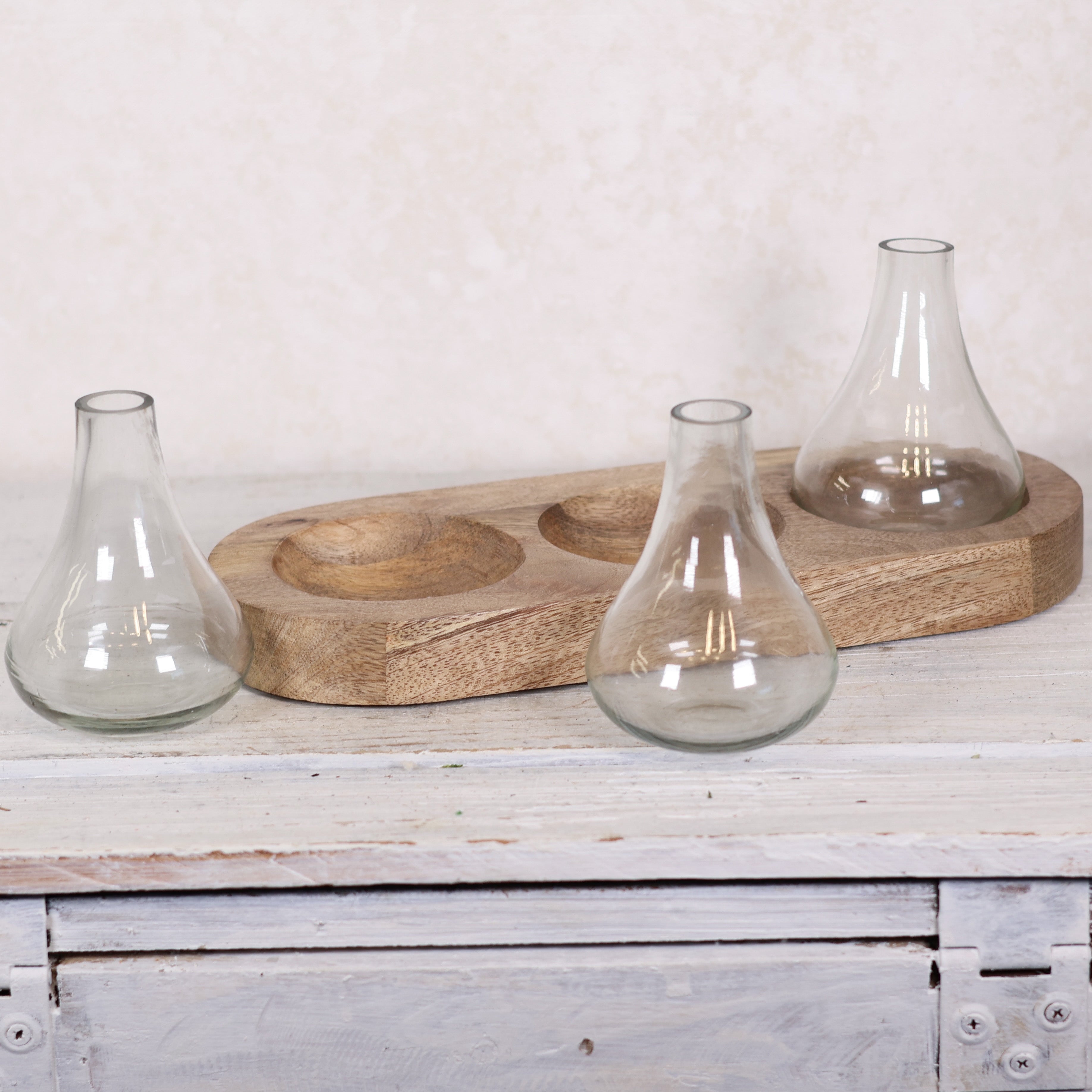 Three Bud Vases on Wood Tray