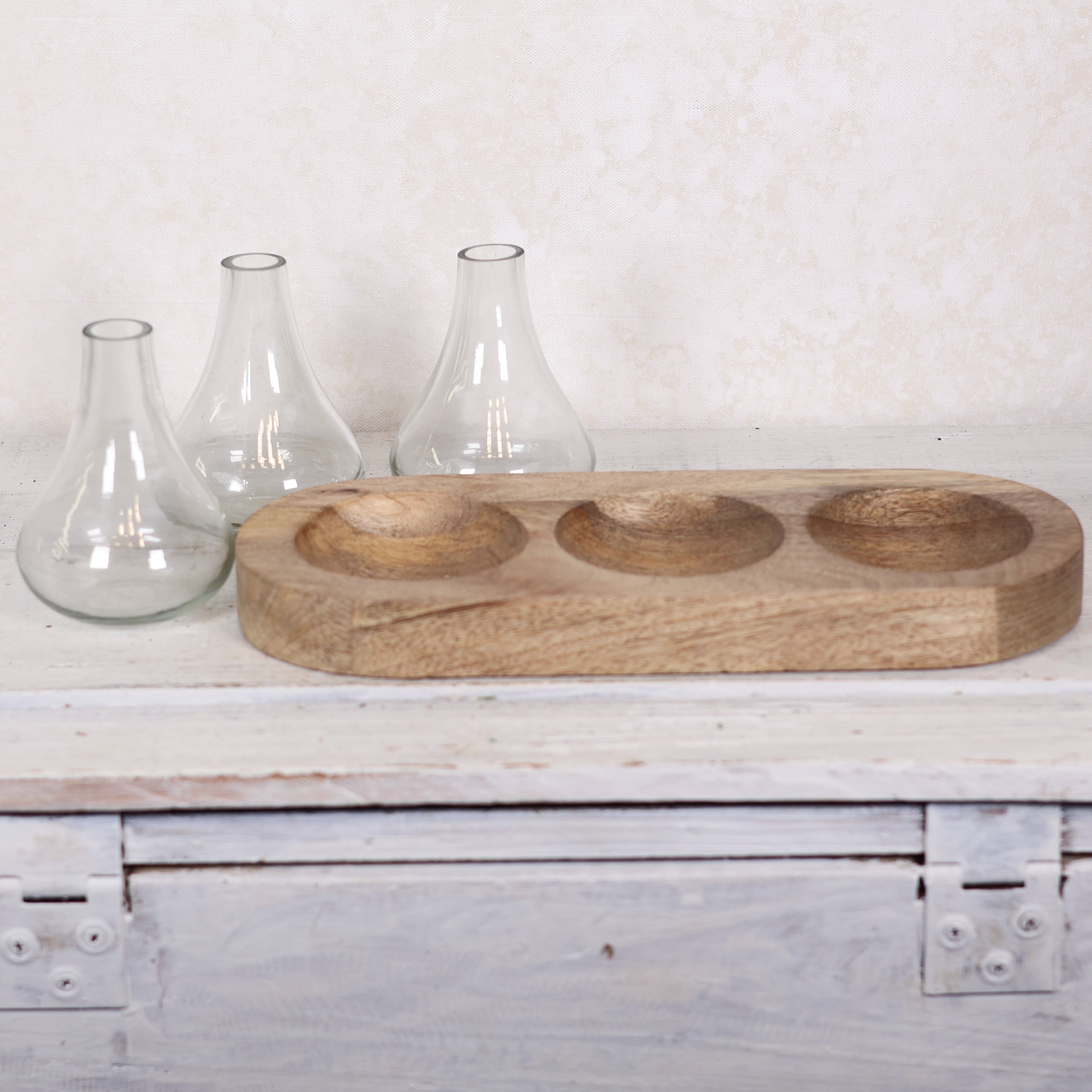 Three Bud Vases on Wood Tray