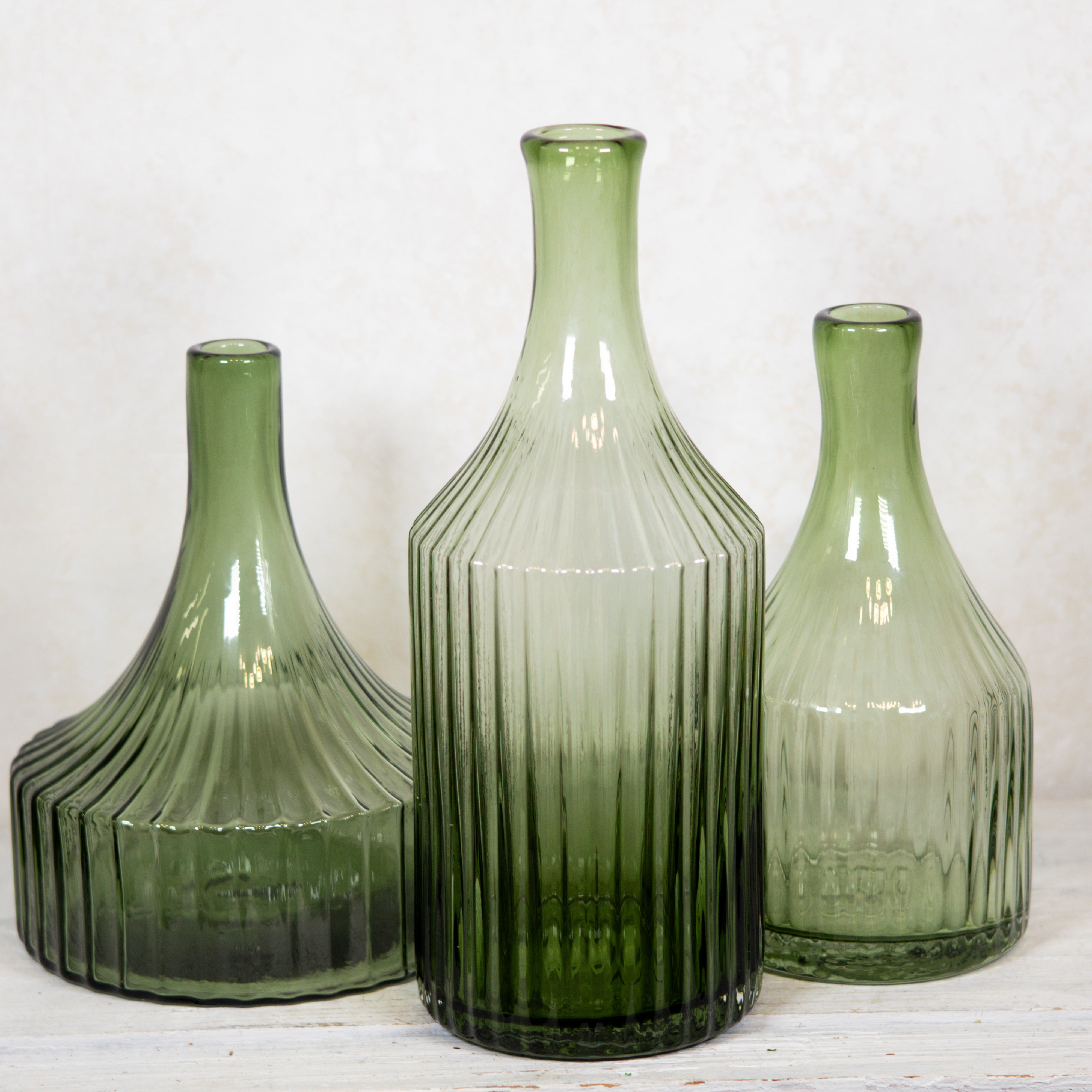 Transparent Green Glass Vertical Ribbed Vase Tall