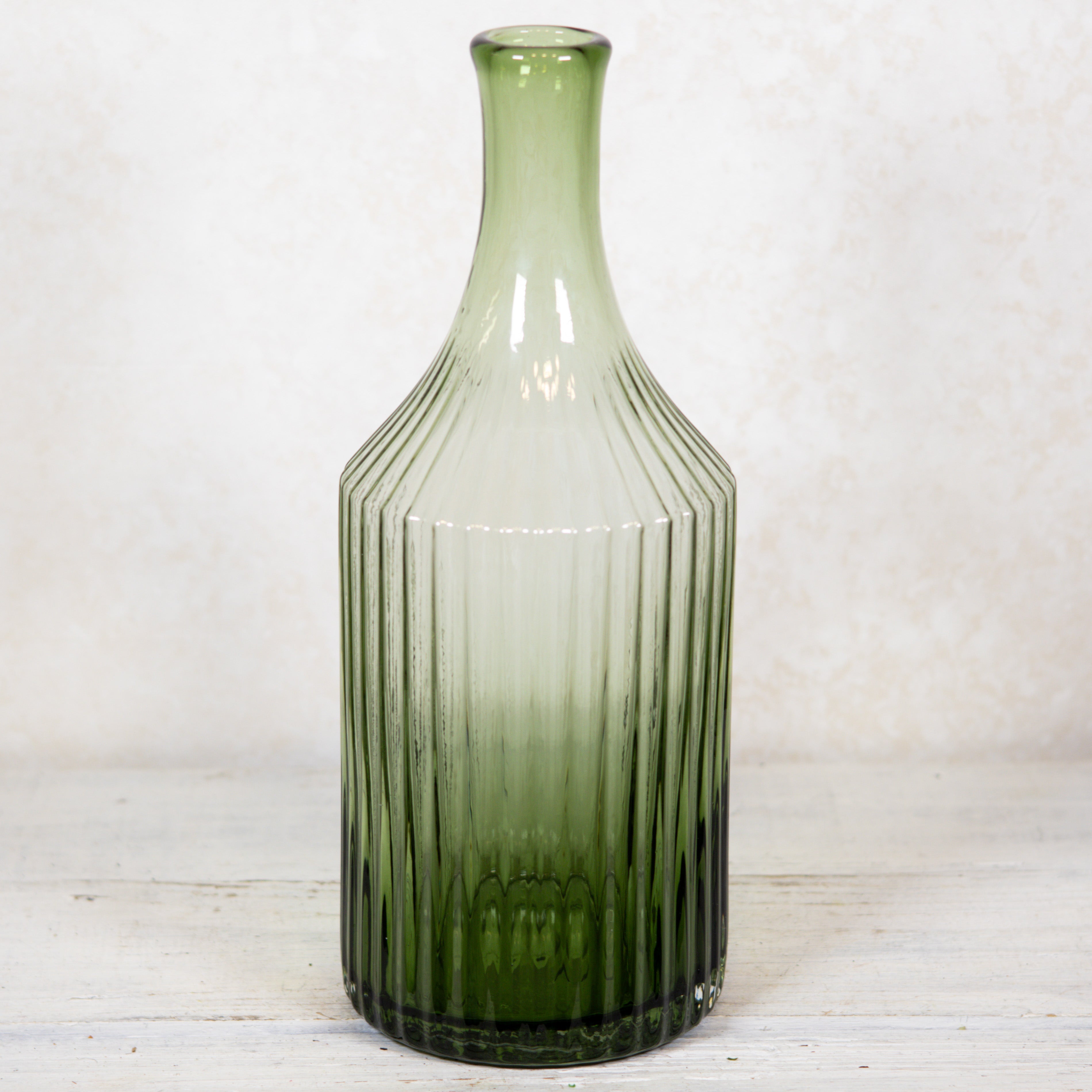 Transparent Green Glass Vertical Ribbed Vase Tall