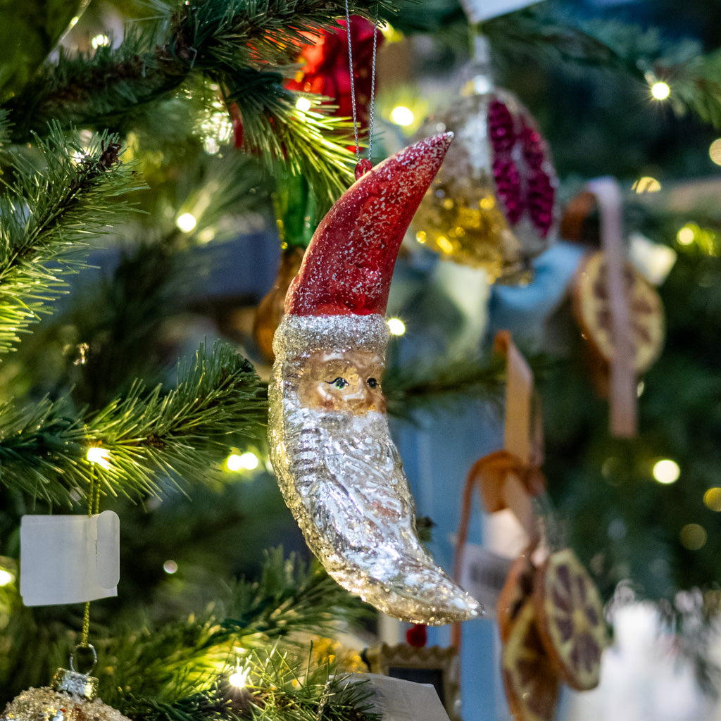 Mercury Glass Santa Moon Ornament with Glitter