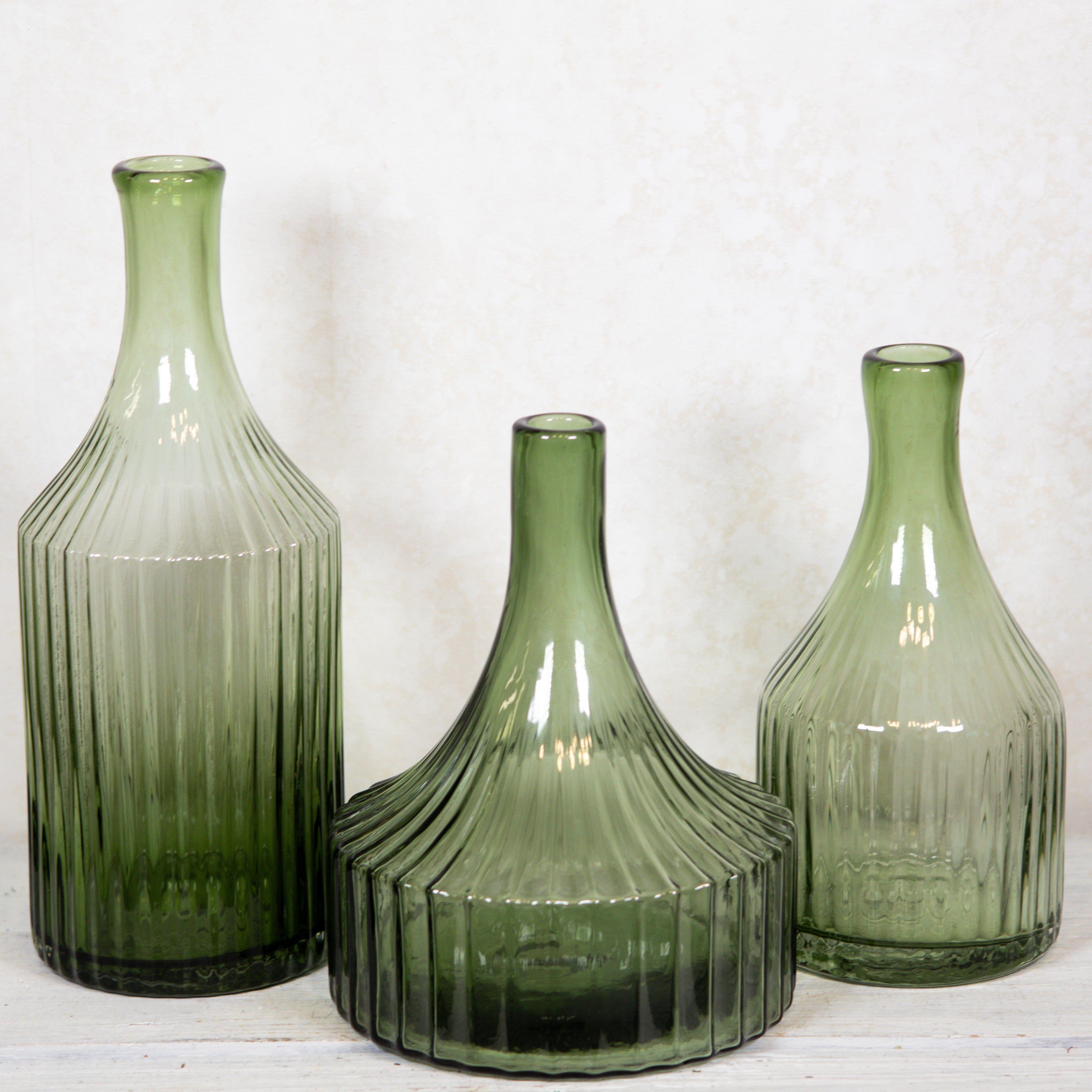 Transparent Green Glass Vertical Ribbed Vase