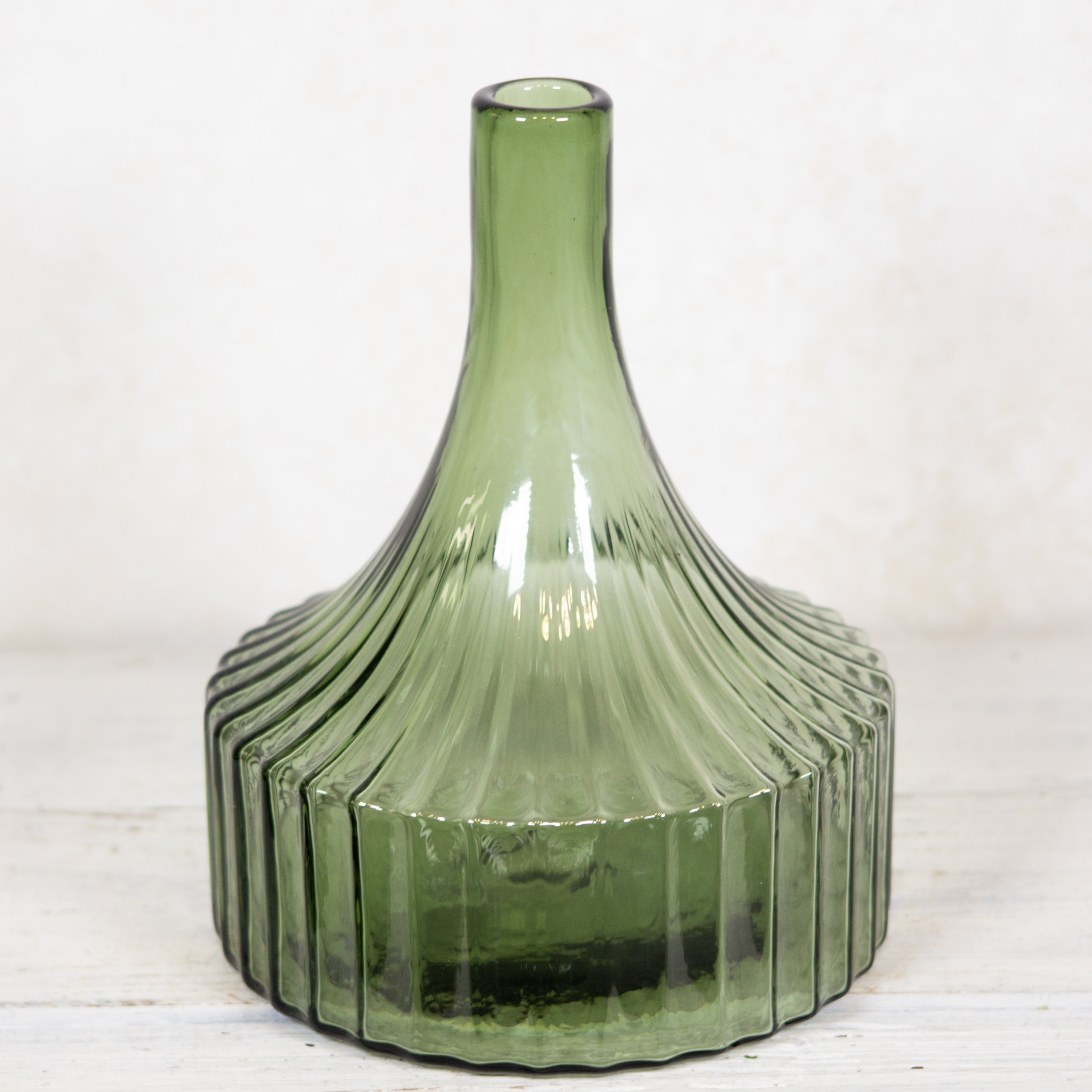 Transparent Green Glass Vertical Ribbed Vase