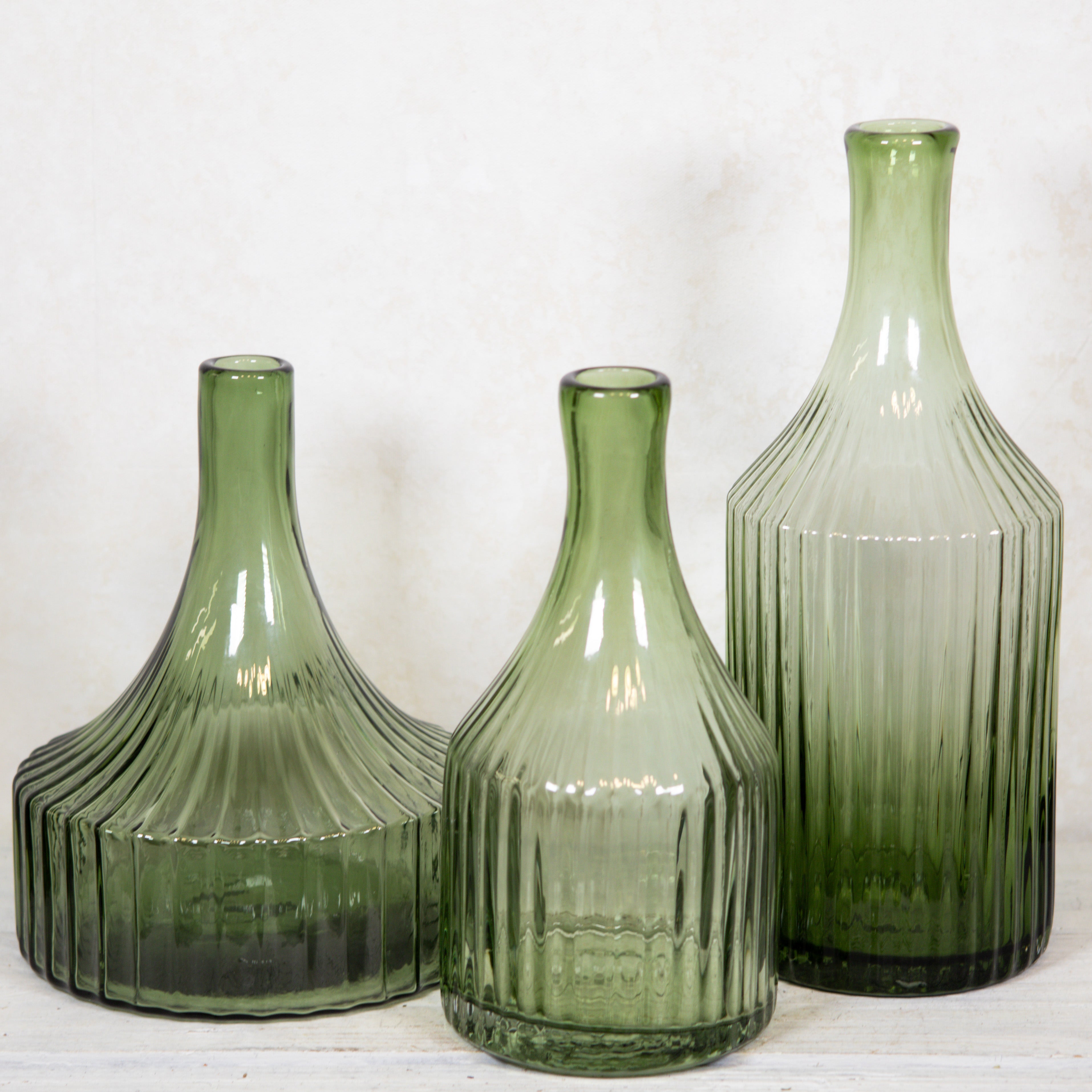 Transparent Green Glass Vertical Ribbed Vase Medium