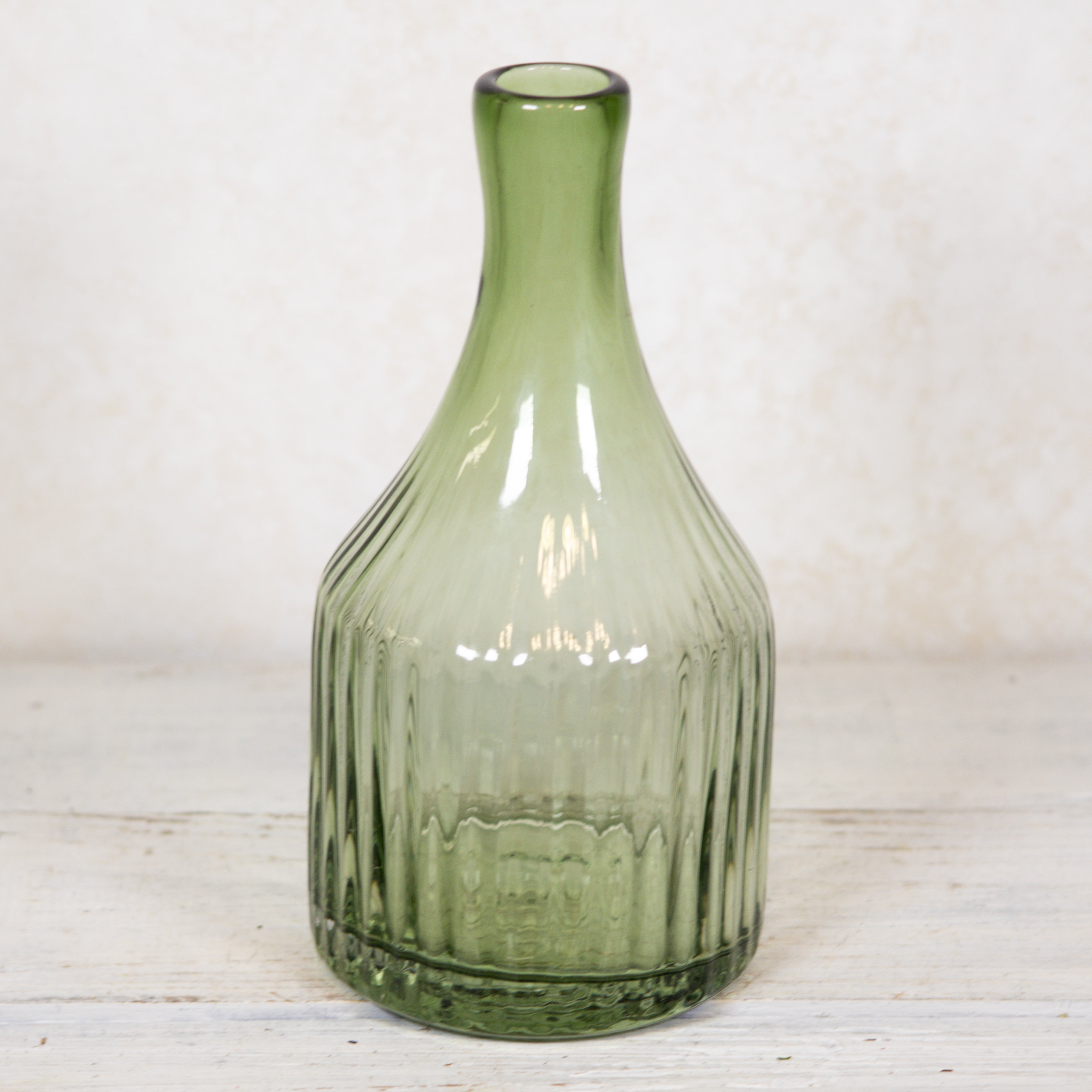 Transparent Green Glass Vertical Ribbed Vase Medium