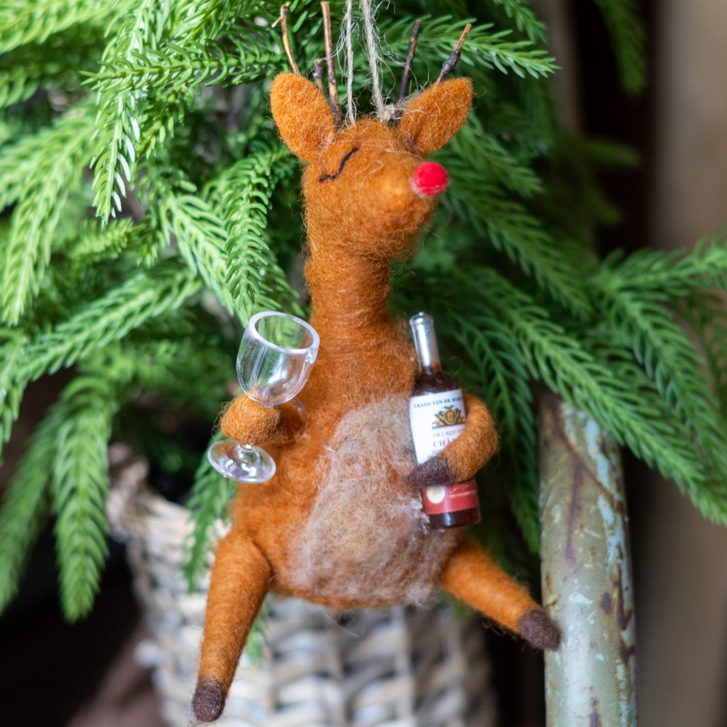 Felt Reindeer with Red Wine and Glass
